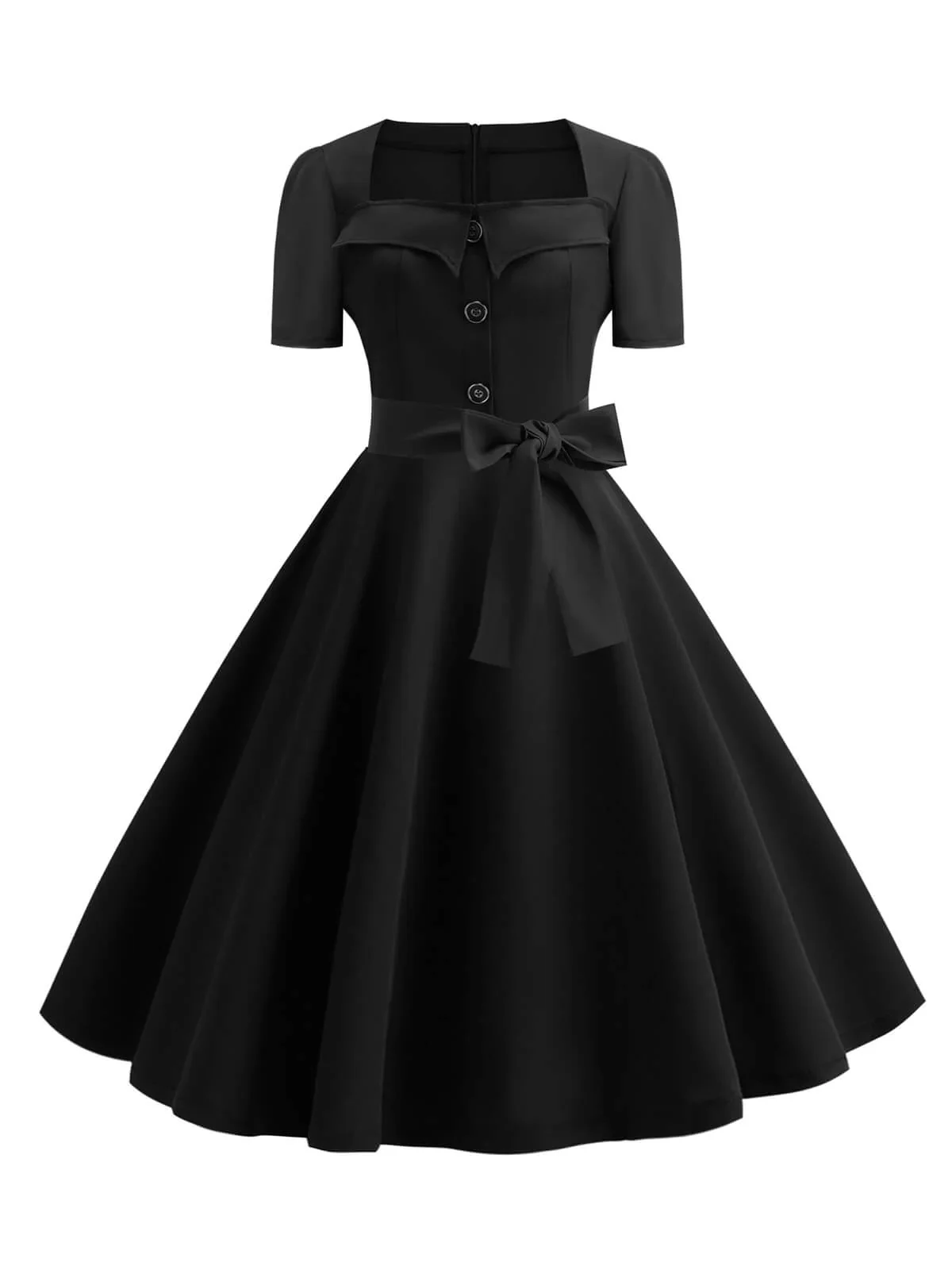 1950s Square Neck Short Sleeves Dress - Black