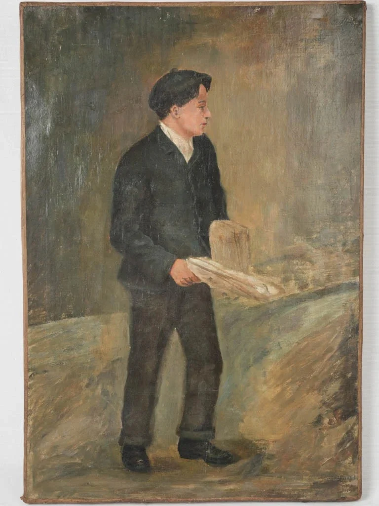 1920s Oil Painting Of A Working Man With Newspaper 25½" X 17¼"