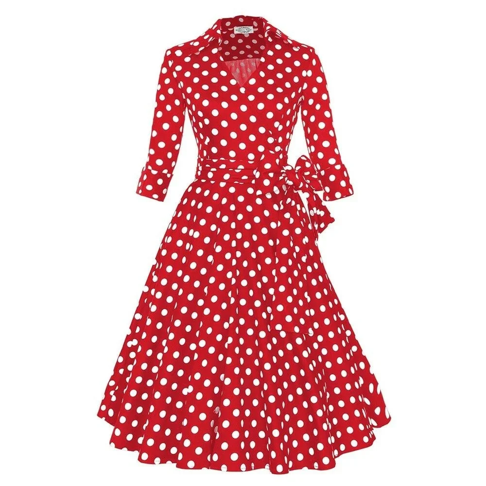 Hepburn Estilo Vestido Línea En A Punto Grande Peplo Rojo Con Puntos