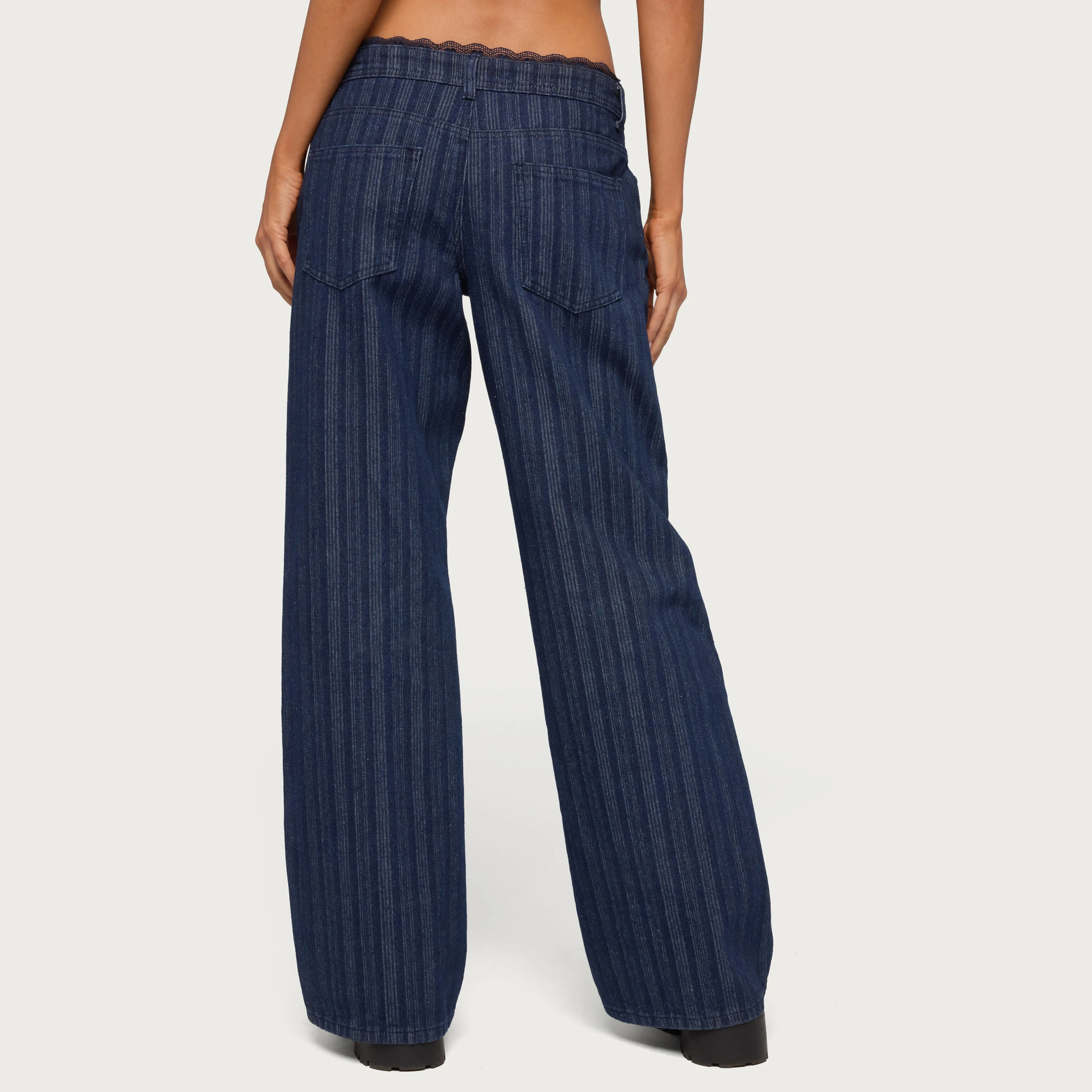 Lace Trim Striped Low Rise Baggy Jeans