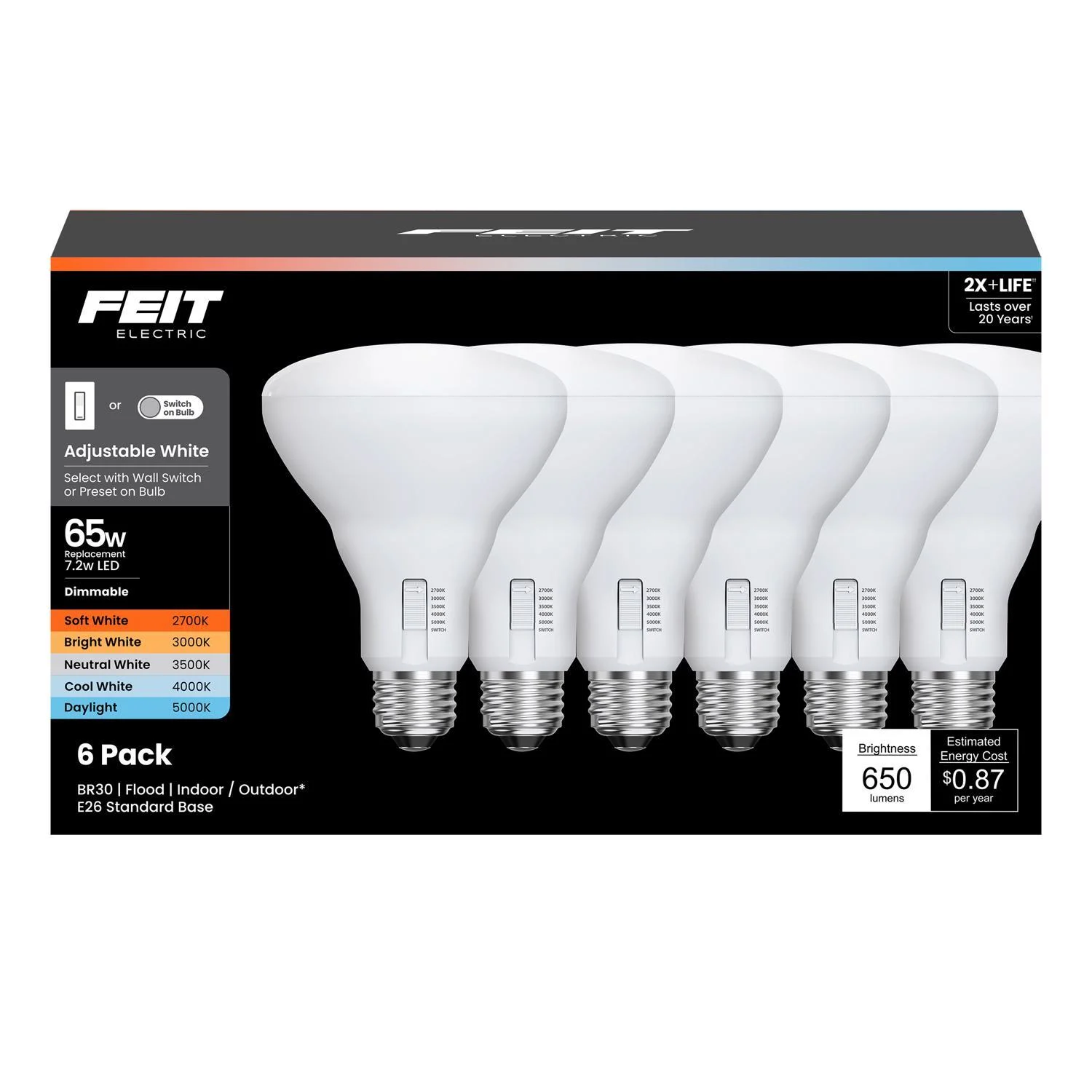 Feit Br30 E26 (medium) Led Bulb Adjustable White 65 Watt Equivalence 6 Pk