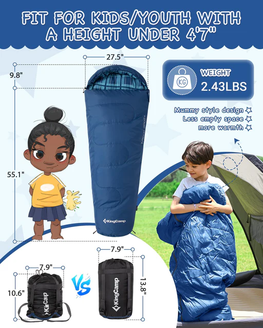 Kingcamp Kids Mummy Sleeping Bag - 3-season Warm & Snug Fit For Camping, Ages 8-12 (up To 4'7" Tall) - Navy