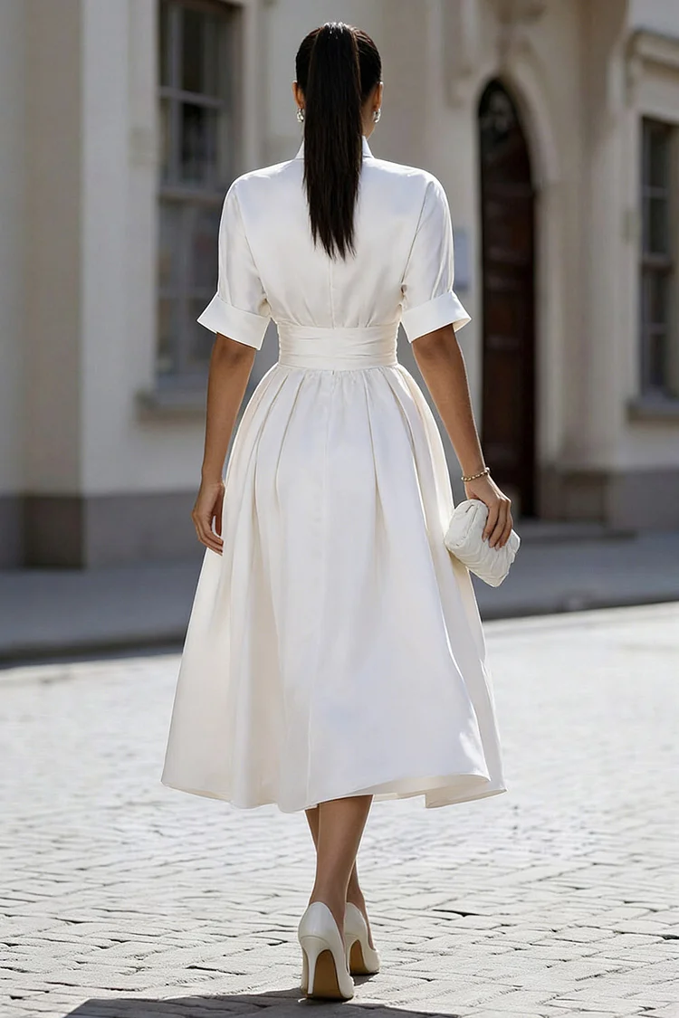 Mock Neck Half Sleeve Lace Up A-line Party Maxi Dresses-white