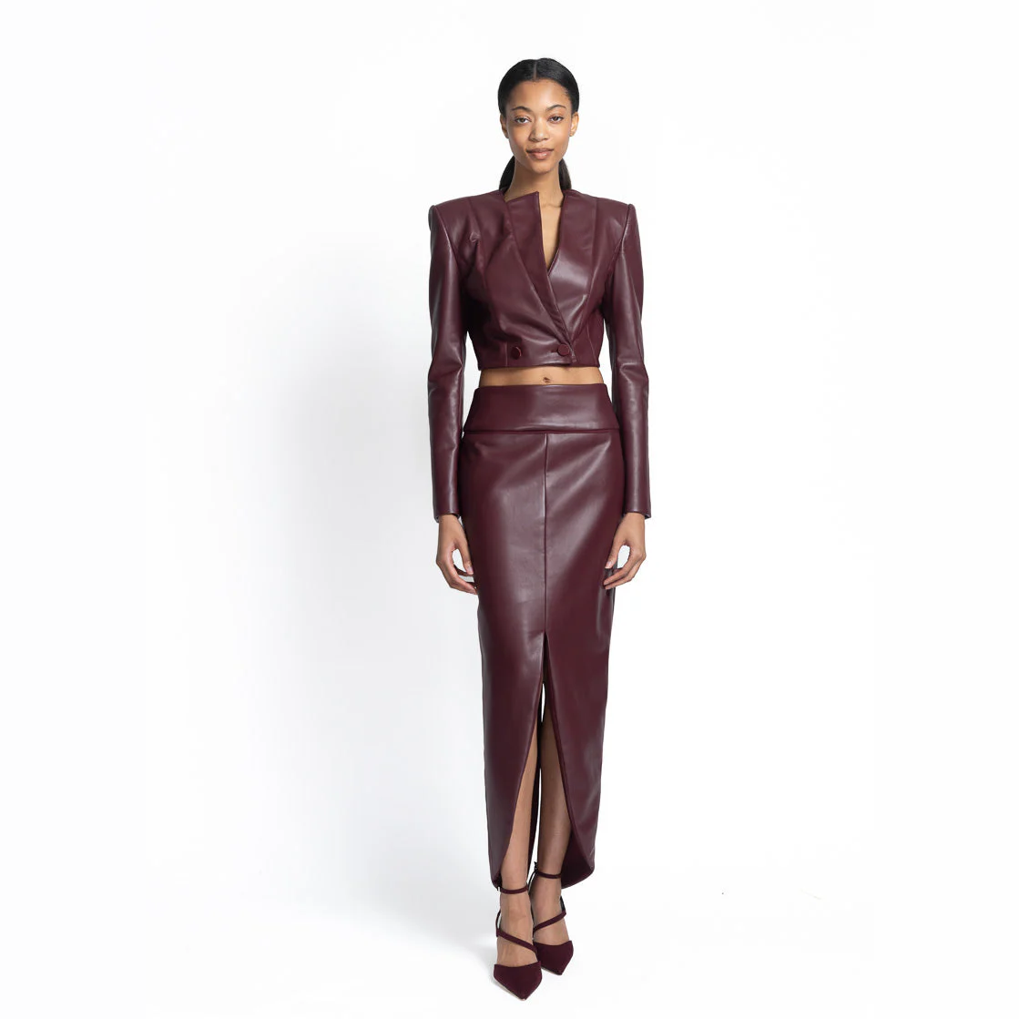 Claret Vegan Leather Cropped Blazer