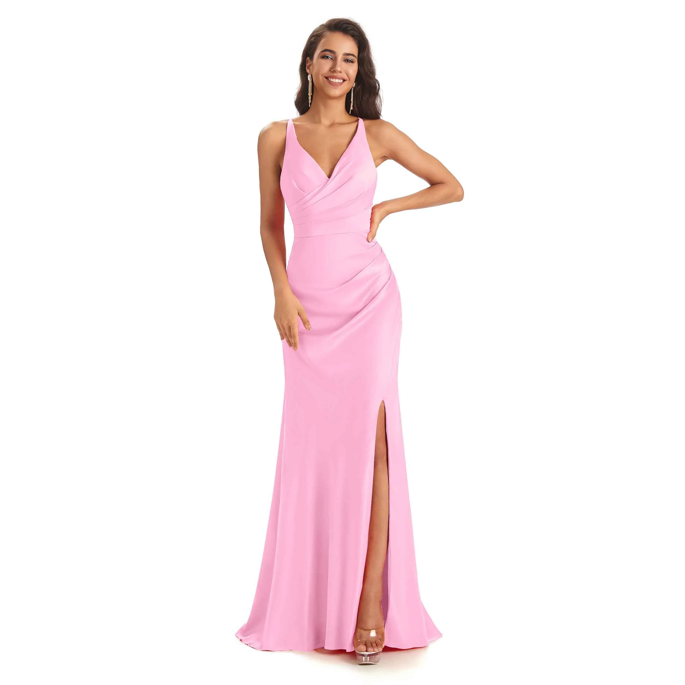 Modern Soft Satin Side Slit Spaghetti Straps V-neck Mermaid Bridesmaid Dresses - Candy-pink