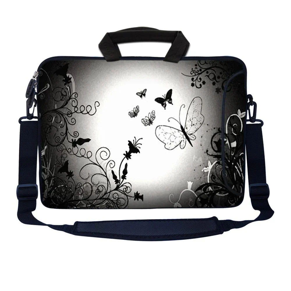 Laptop Sleeve Carrying Case With Large Side Pocket For Accessories And Removable Shoulder Strap - Dark Contrast Fade Butterfly - 13"-13.3"