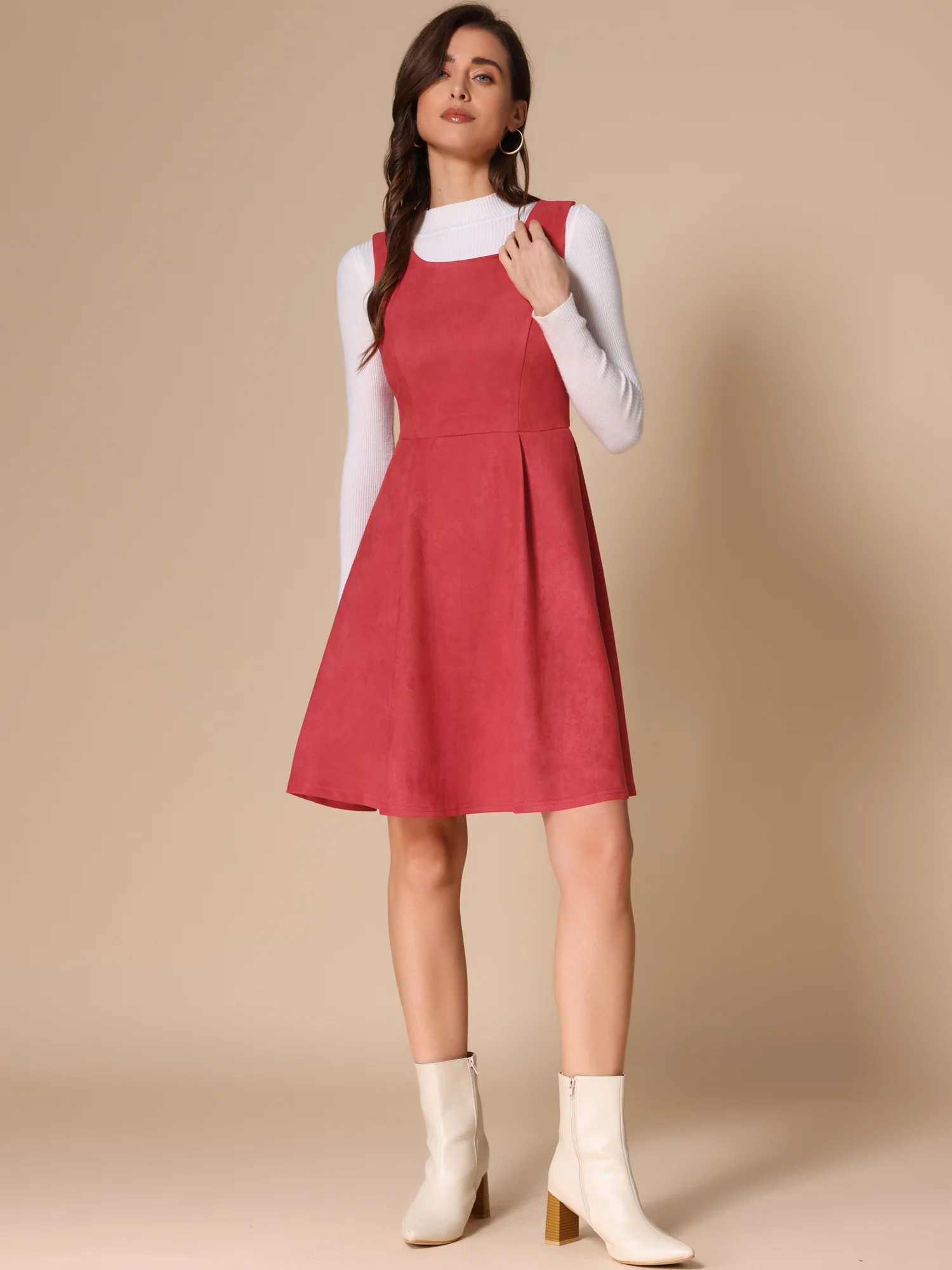 Faux Suede Overall Round Neck Sleeveless A-line Pleated Dress - Brown/xs