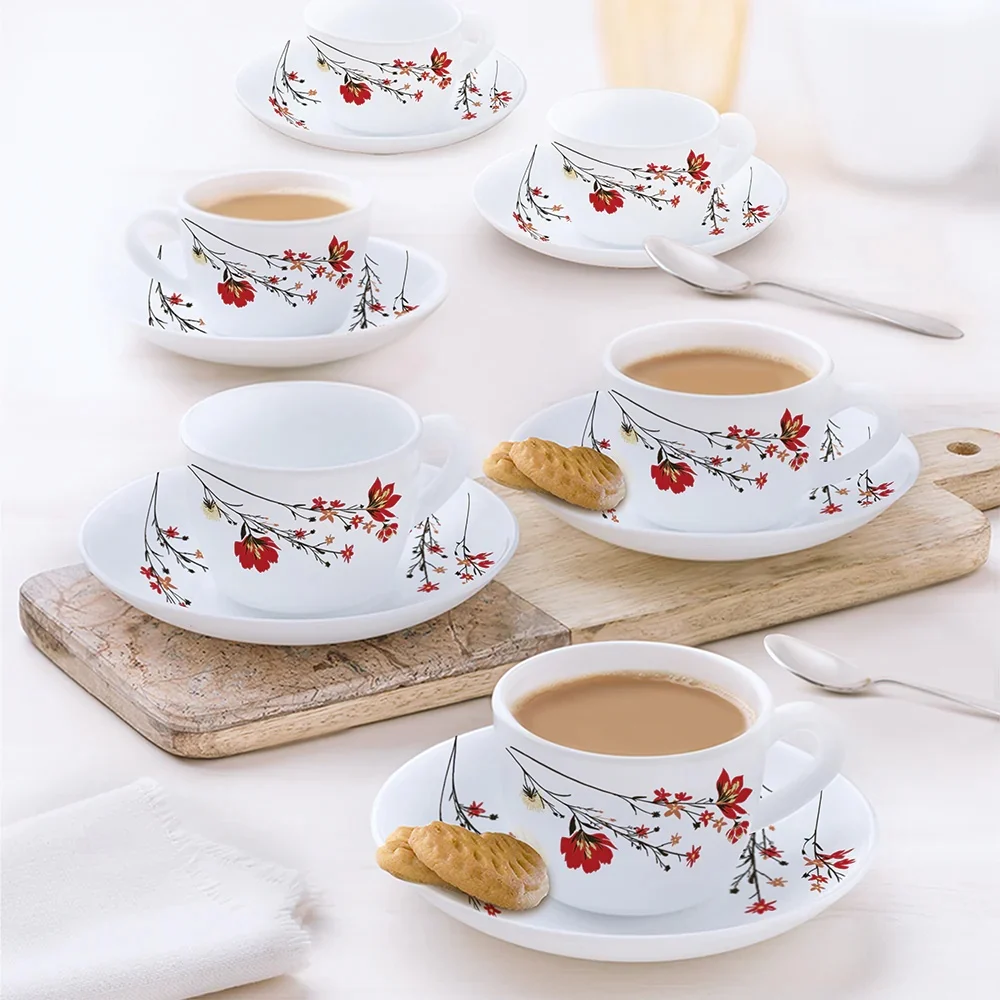 Larah By Borosil Chrys Red Cup N Saucer Set, 90ml X 12