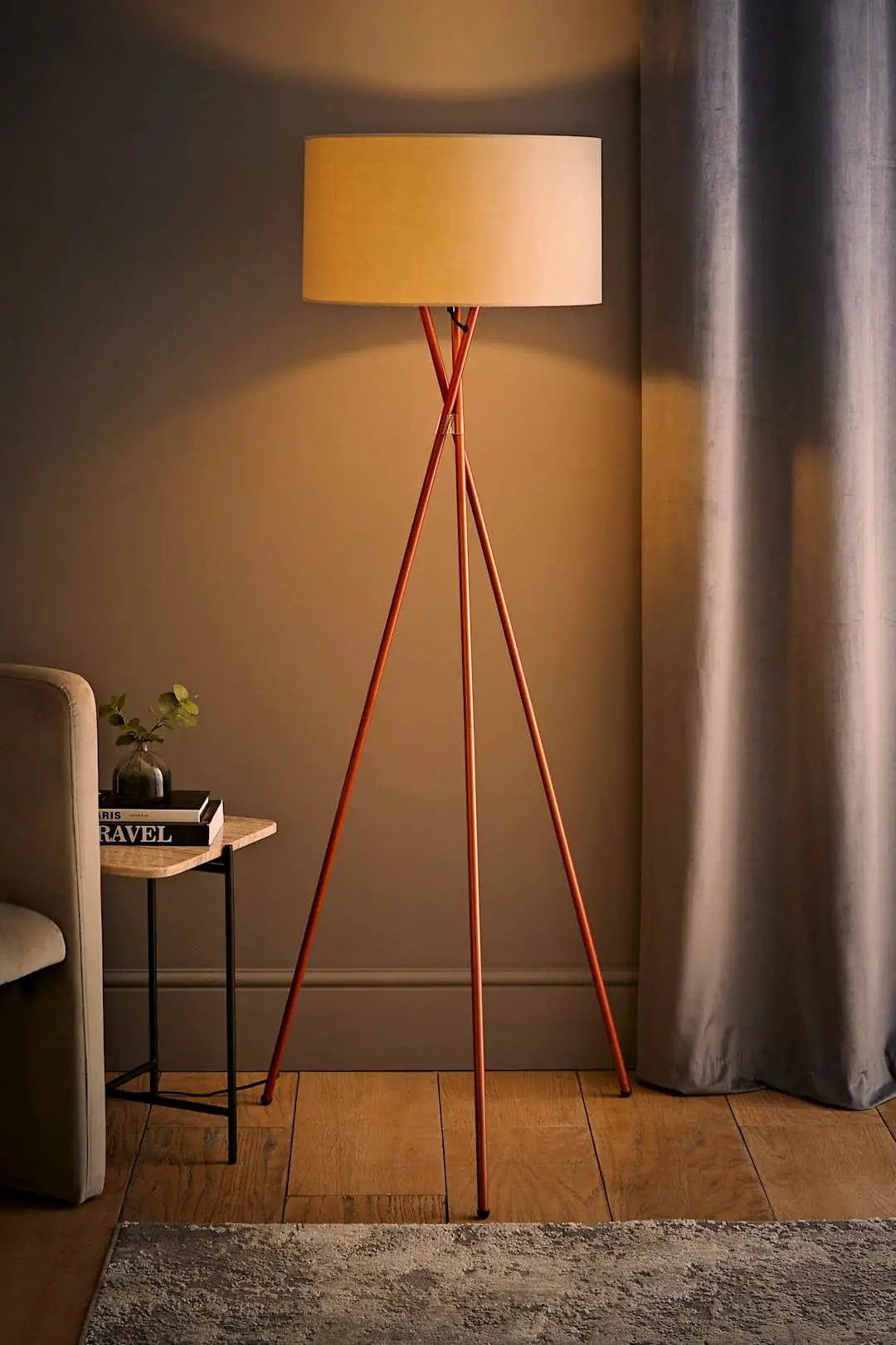 Beige Valuelights Camden Copper Metal Tripod Floor Lamp With Natural Drum Lamp Shade
