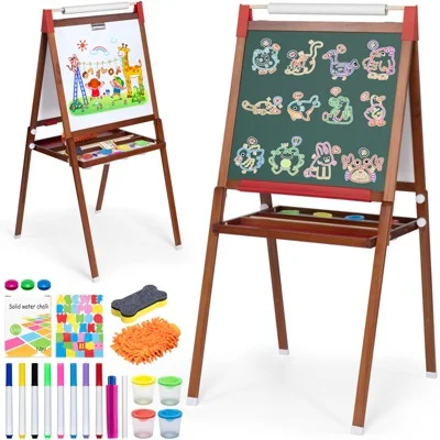 Sugift 3‑in‑1 Height Adjustable Kids Art Easel With Chalkboard, Whiteboard & Paper Roll