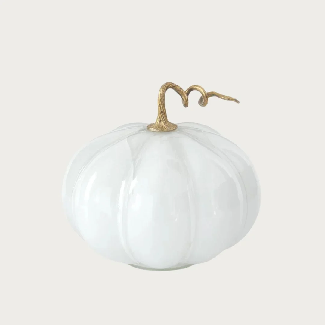 8.75 Inch White Glass Pumpkin With Gold Metal Stem