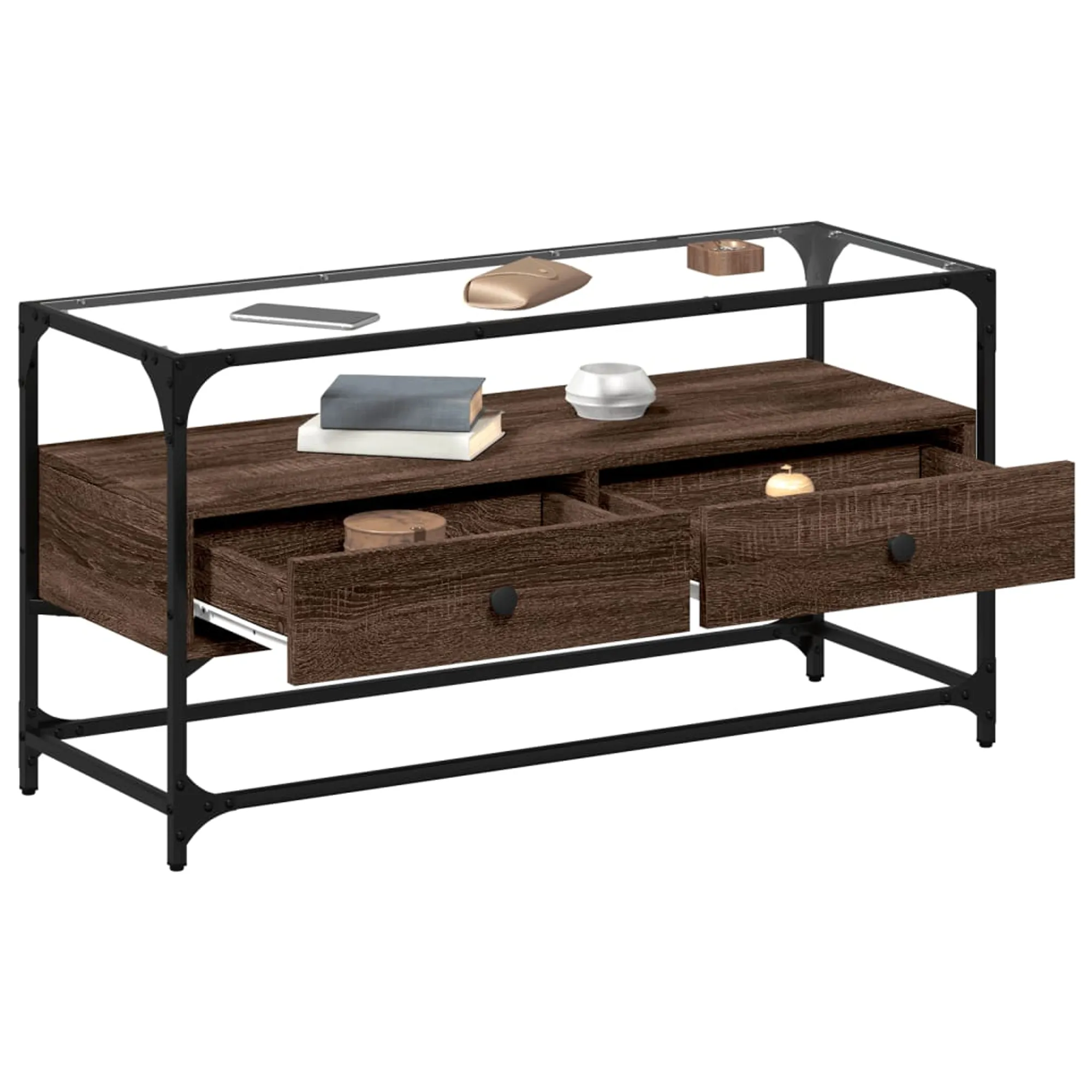 Tv Cabinet With Glass Top Brown Oak 98x35x51 Cm Engineered Wood