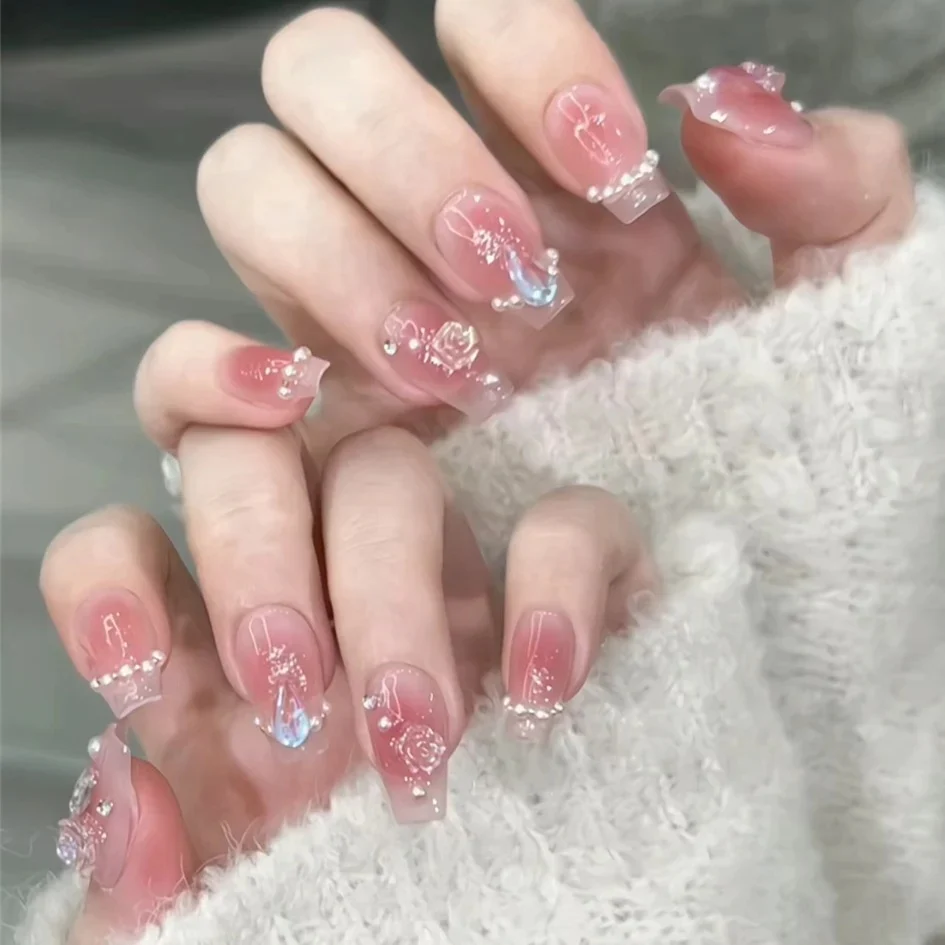 Enchanting Floral Elegance Long Coffin Press On Nails In Soft Pink With 3d Rose Designs And Pearls