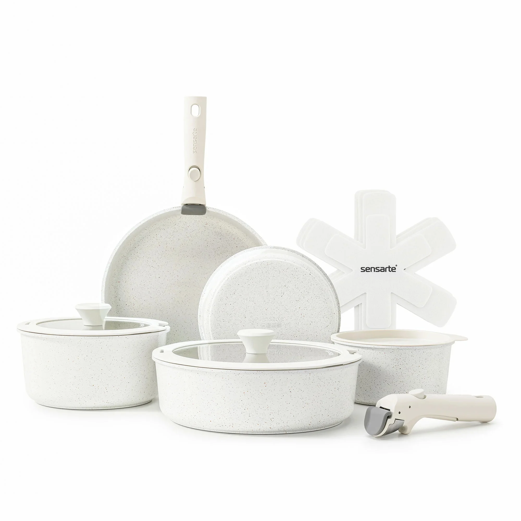 Sensarte Nonstick Cookware Set With Detachable Handle 14pcs White