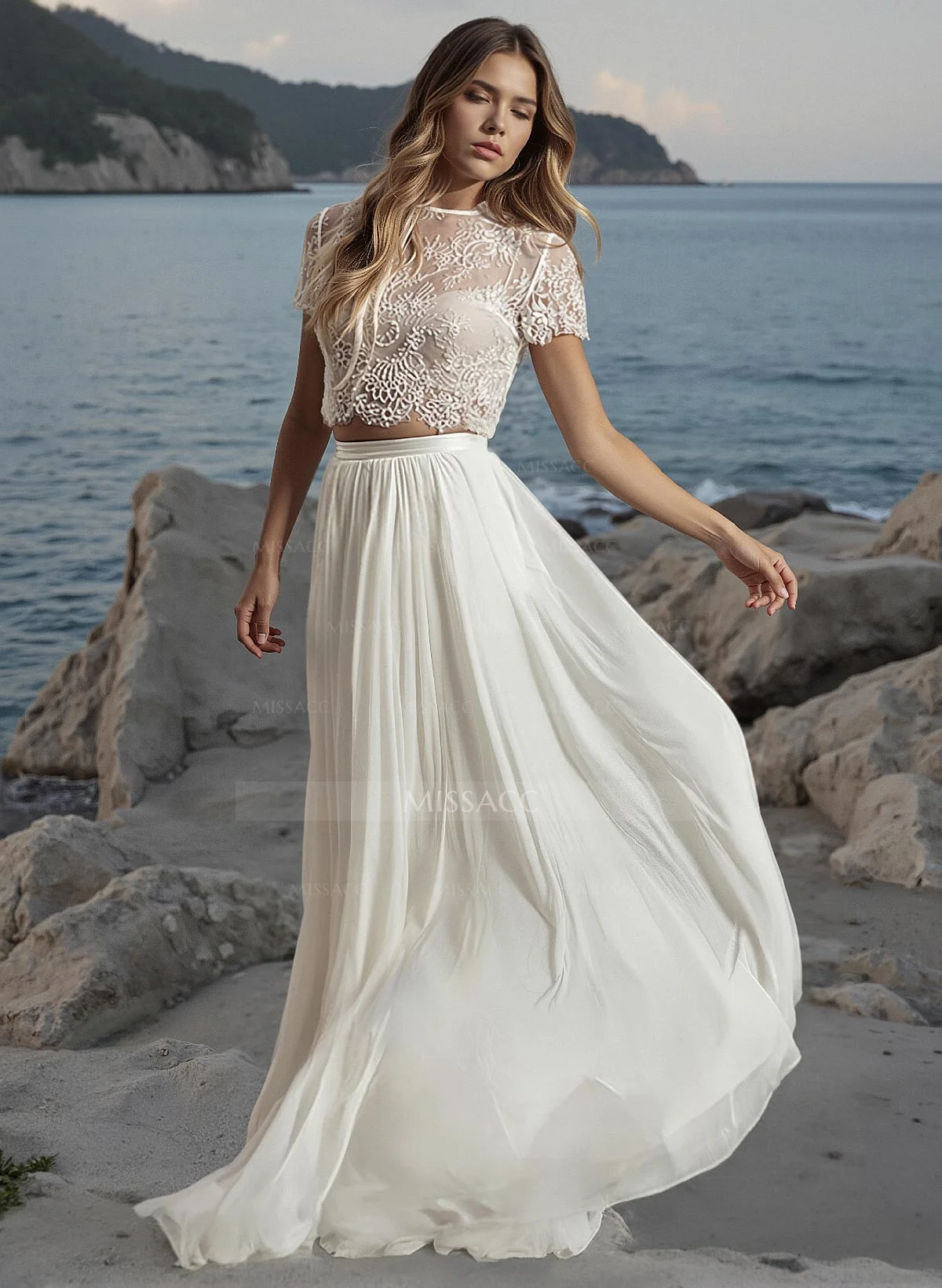 Two-piece Wedding Dresses With Chiffon Lace Short Sleeves A-line Bridal Dress