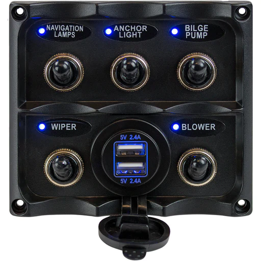 Sea-dog Water Resistant Toggle Switch Panel W/usb Power Socket - 5 Toggle | 424617-1