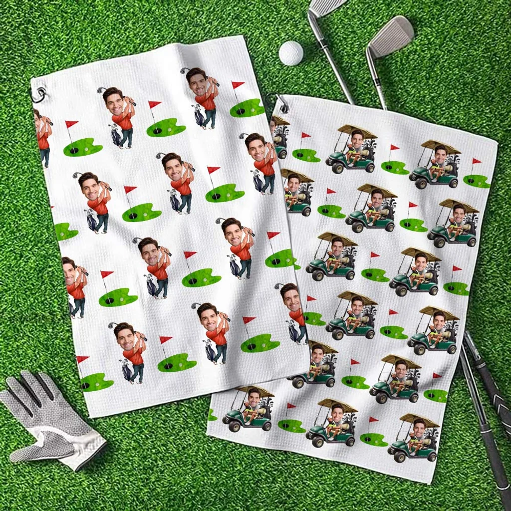 Personalised Avatar Photo Quick Dry Microfiber Waffle Golf Towel With Carabiner Clip Accessory Birthday Gift For Golf Lovers