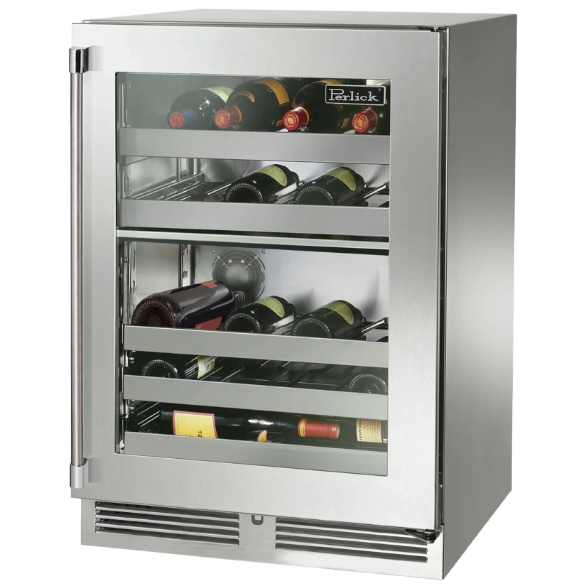 Perlick Signature Series 24 In. Outdoor Undercounter Wine Reserve With Metal Racks, Dual Temperature Zones & 32 Bottle Capacity - Stainless Steel