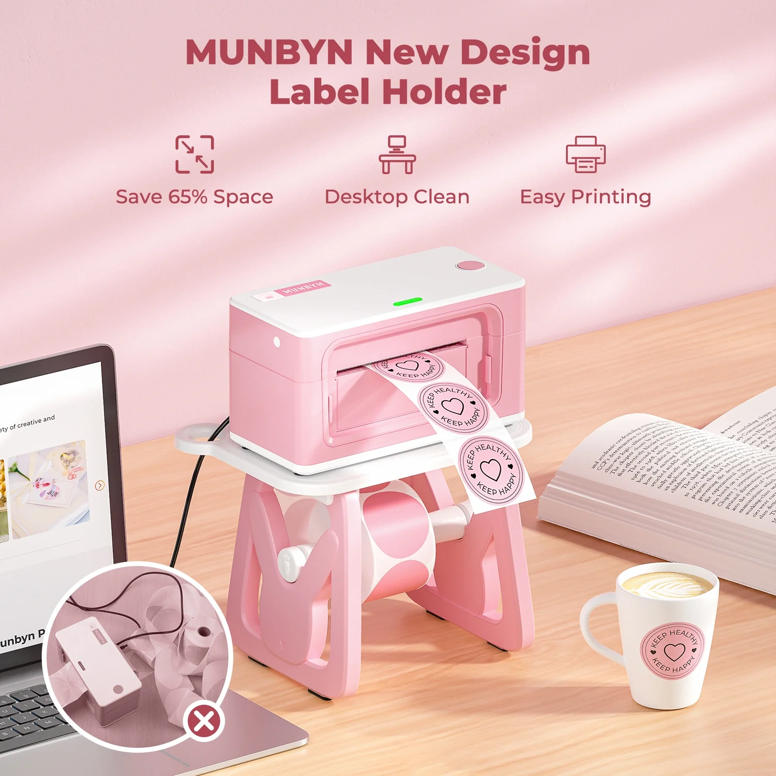 Munbyn 3 In 1 Label Holder For Roll And Fan-fold Labels Kits Pink Purple Circle Label Shipping Label