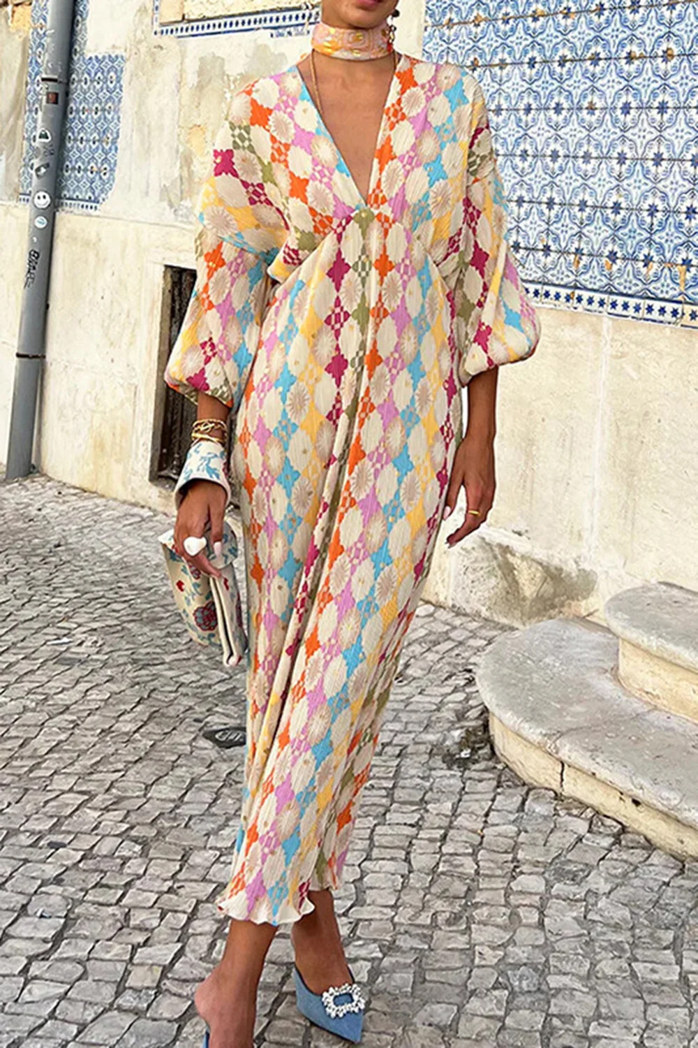 All Over Print Deep V Neck Lantern Sleeve High Waist Maxi Dresses-multicolor