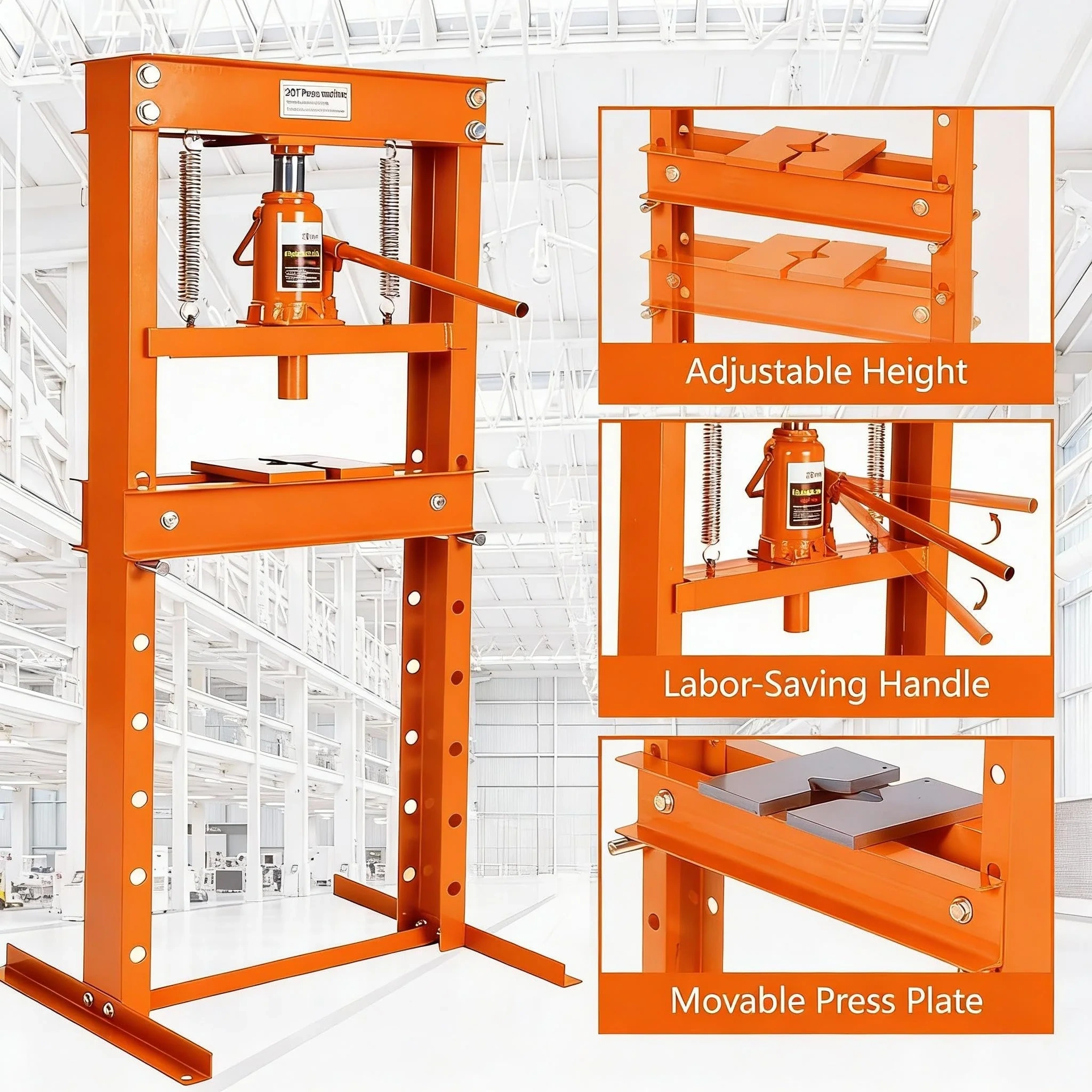 Garvee 20-ton Hydraulic H-frame Shop Press - Adjustable Table (4.53” To 27.4”) With Stamping Plates For Auto Repair, Garage Use, And Metalworking, Orange