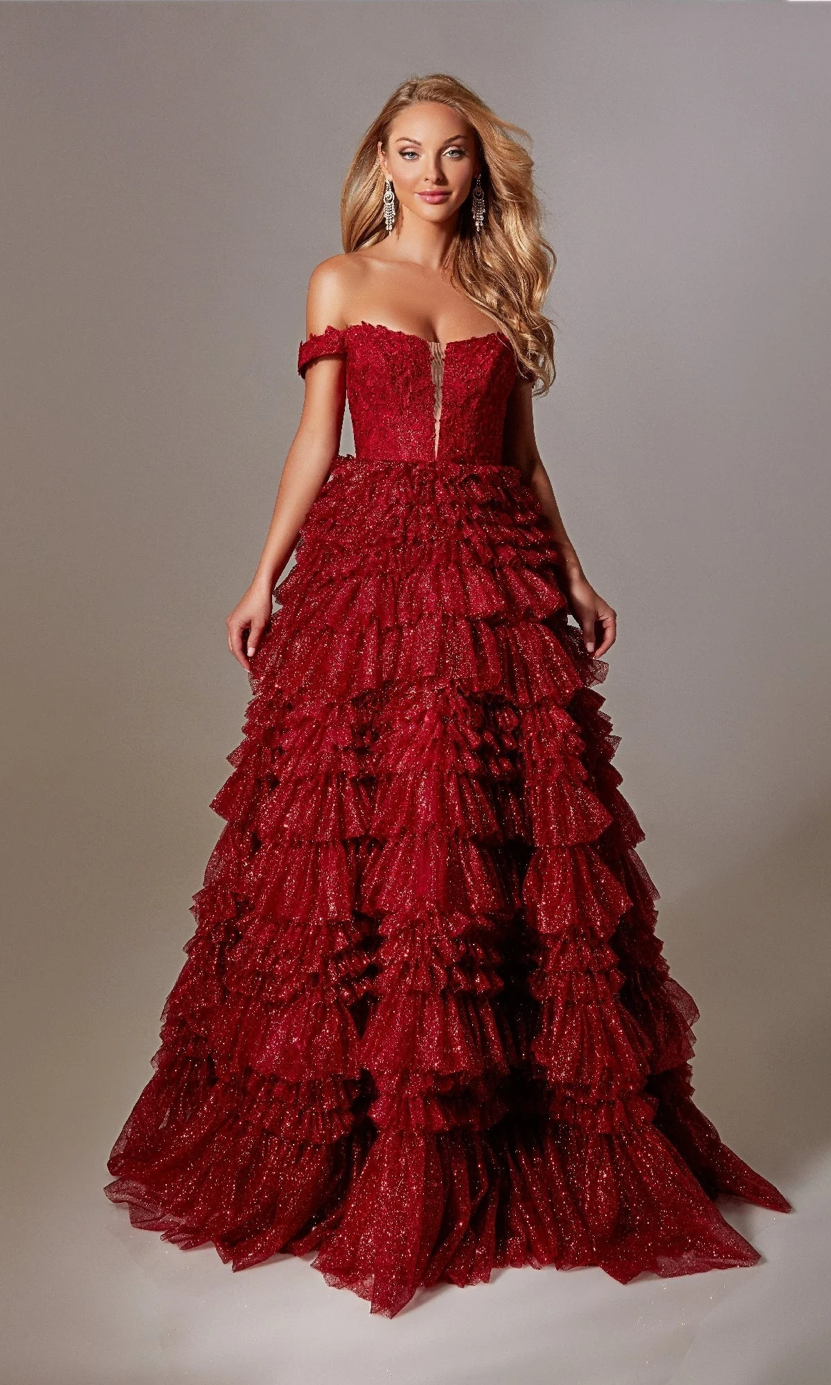 Lace-up Long A-line Glitter Prom Dress With Ruffles - Claret
