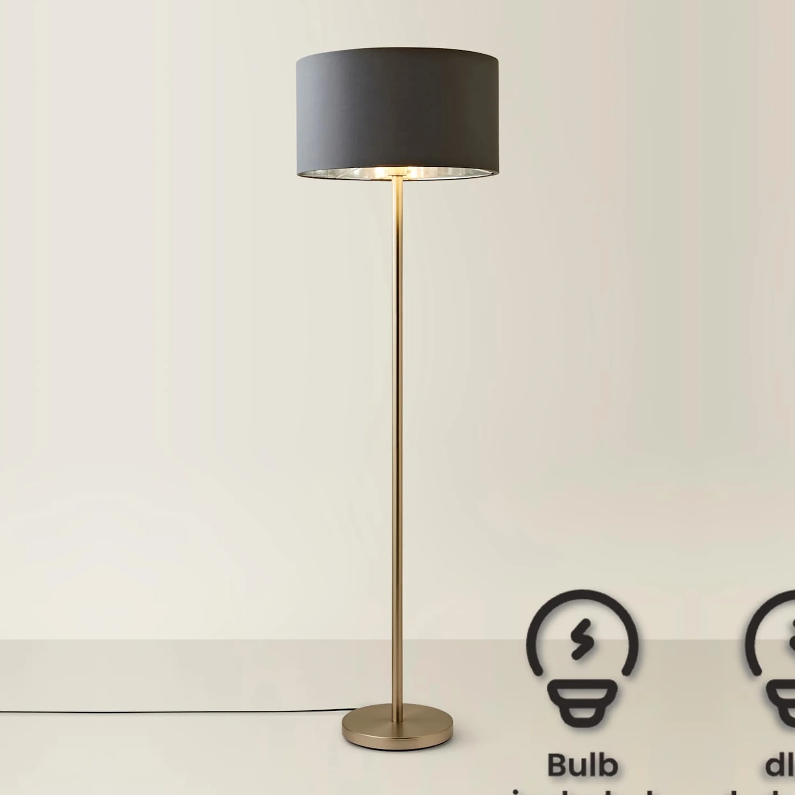Charlie Chrome Stem Floor Lamp With Fabric Drum With Chrome Inner Shade & Bulb