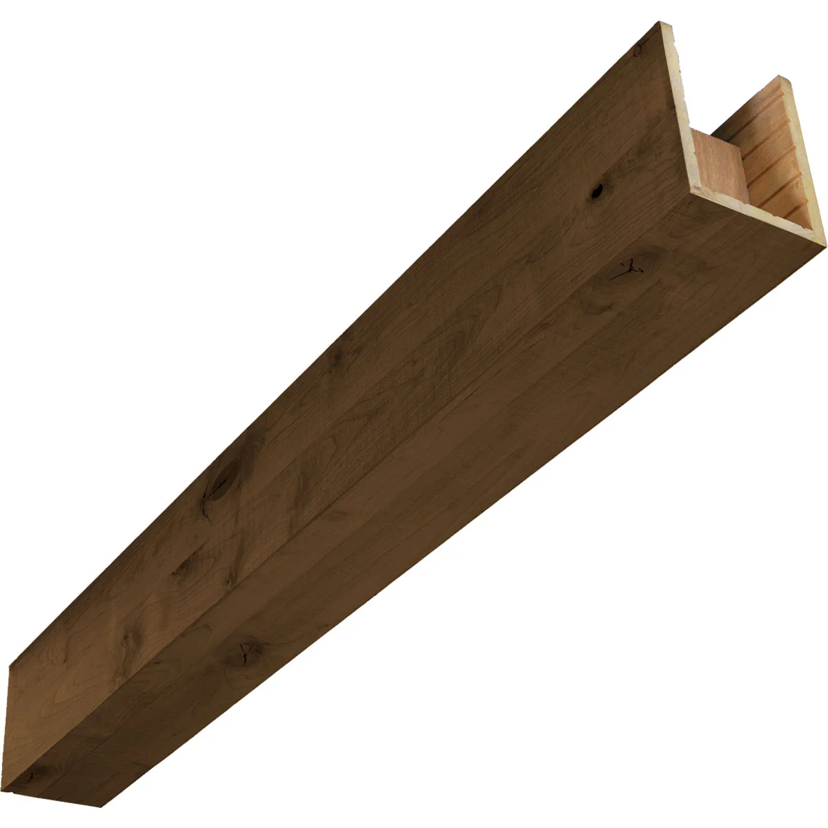 Truewood Resawn Real Wood Beam, 3‑sided (u‑beam), 5 1/2"w × 3 1/2"h × 168"l, Knotty Alder, Jacobean Finish