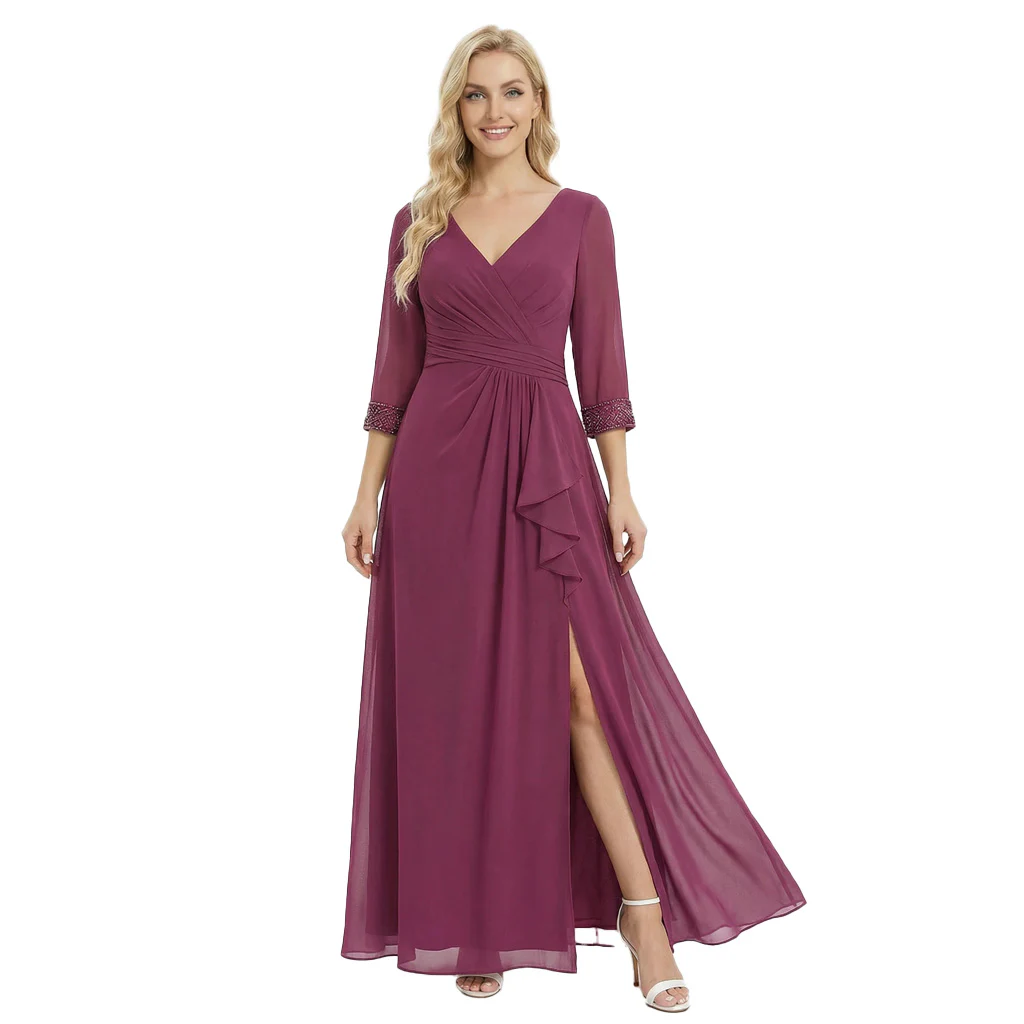Elegant A-line V-neck Ruffles Side Slit 3/4 Sleeves Mother Of The Bride Dress Chiffon Gown - Fuchsia