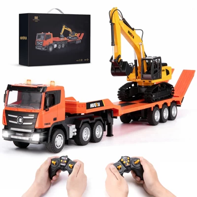 Sugift Remote Control Excavator And Trailer Truck Set, 9ch Rc Construction Vehicles With Lights And Sounds For Kids Boys