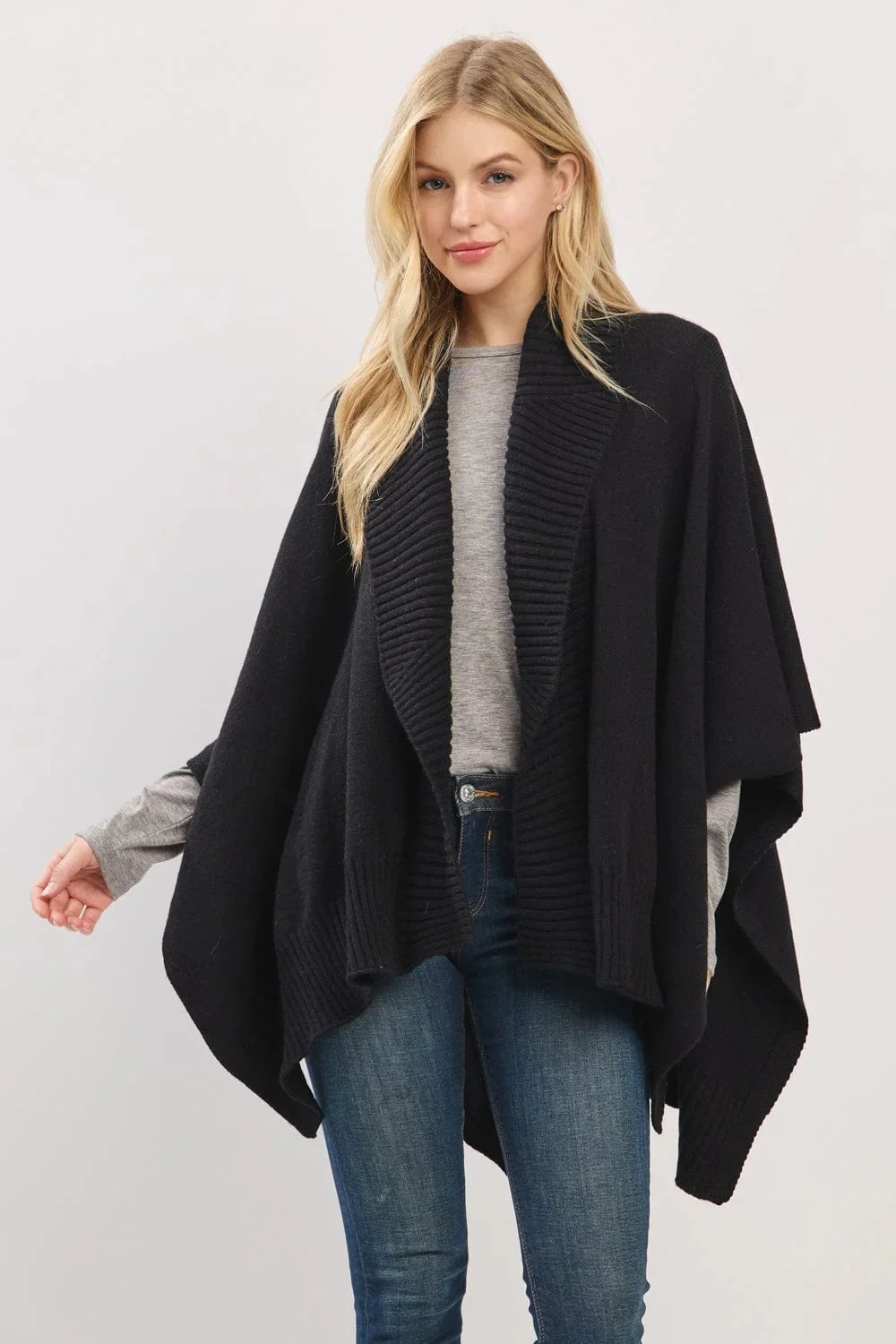 Ms0455 Soft Knit Open Front Shawl With Ribbed Trim - Black