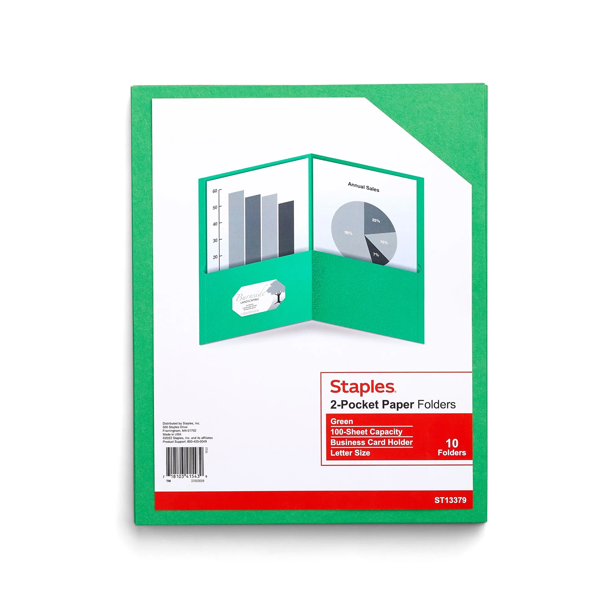 Staples 10% Recycled Smooth 2-pocket Paper Presentation Folder, Green, 10/pack