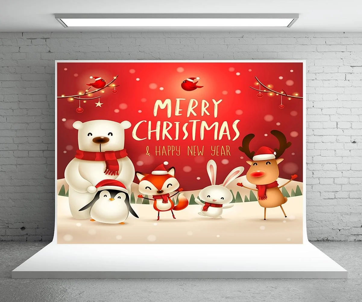 Red Merry Christmas Cartoon Photography Backdrops - 5(w)*3(h)ft(1.5*1m)