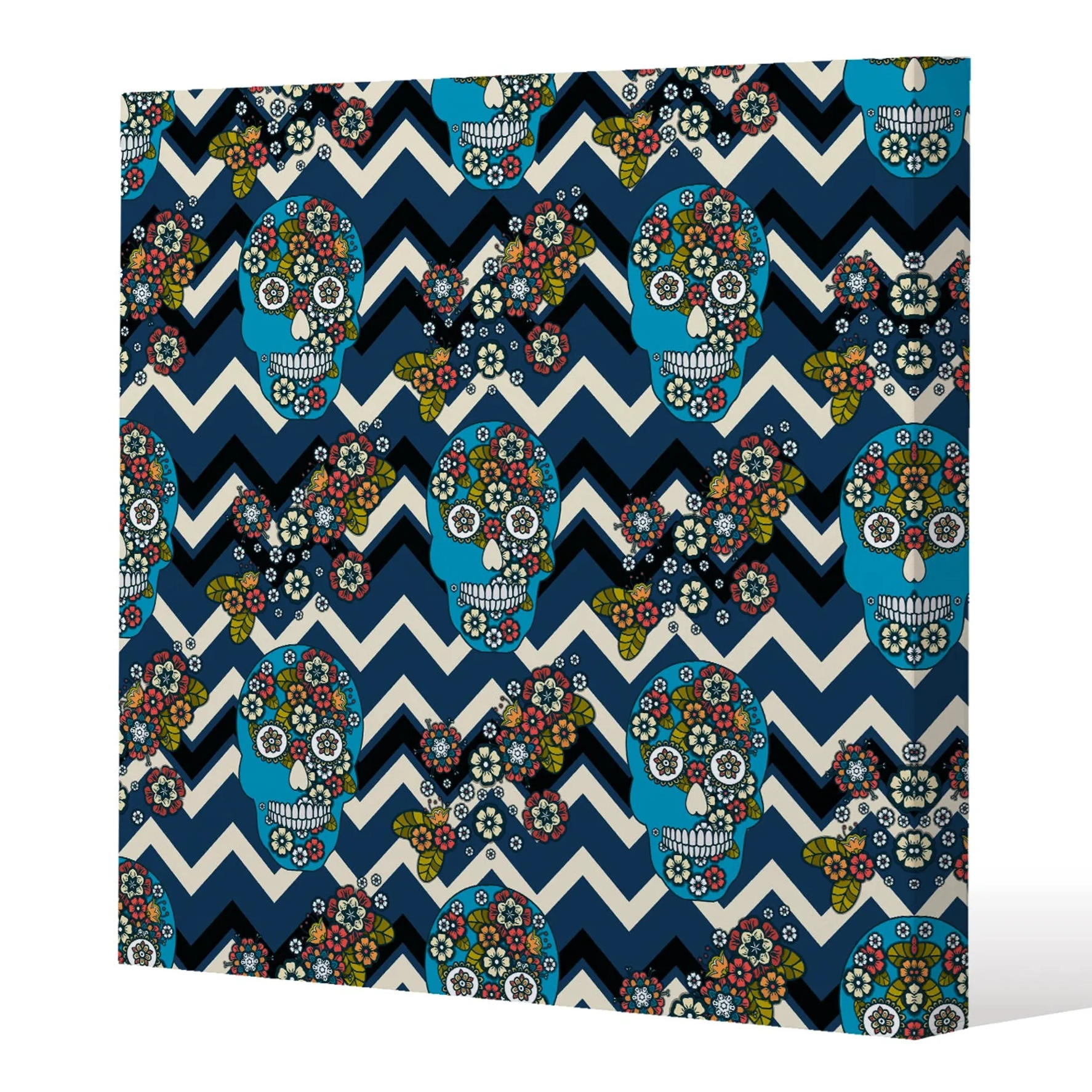 Embroidery Colorful Simplified Ethnic Skull Blue Pattern (canvas Print) / 61 X 61 X 4cm