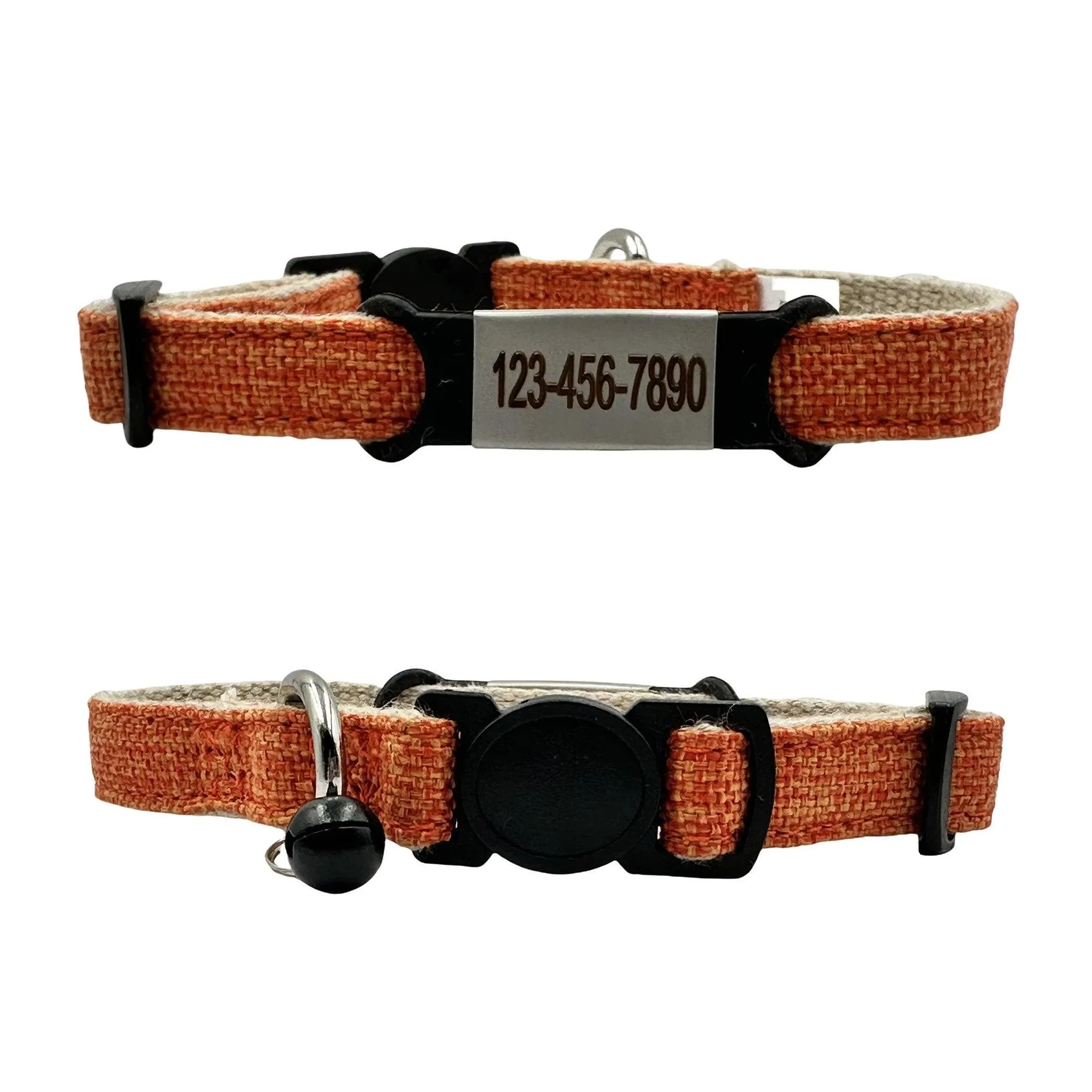 Personalized Safety Buckle Linen Cat Collar With Removable Bell - Orange