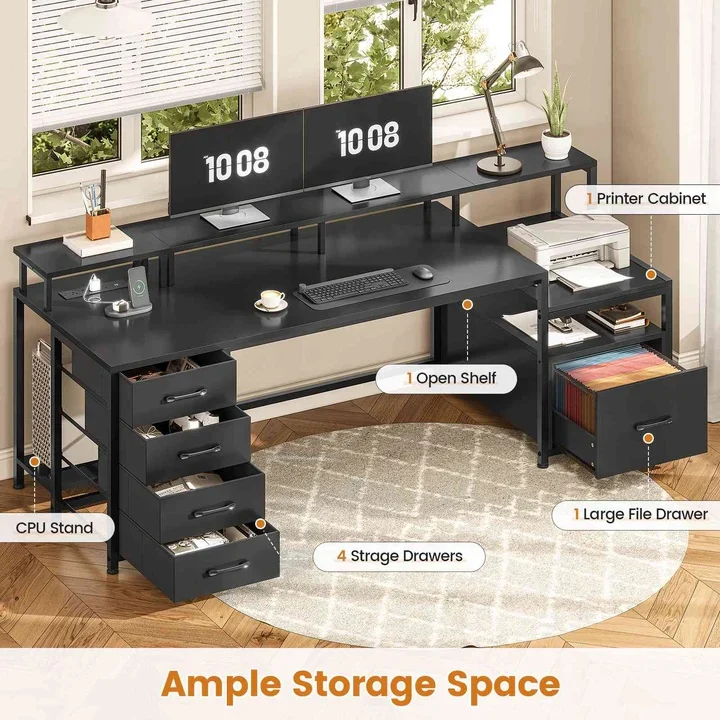Sedeta | 75 Inch Led Gaming Desk Large Computer Desk With 5 Drawers And Storage Shelves For Home Office - Rustic Brown