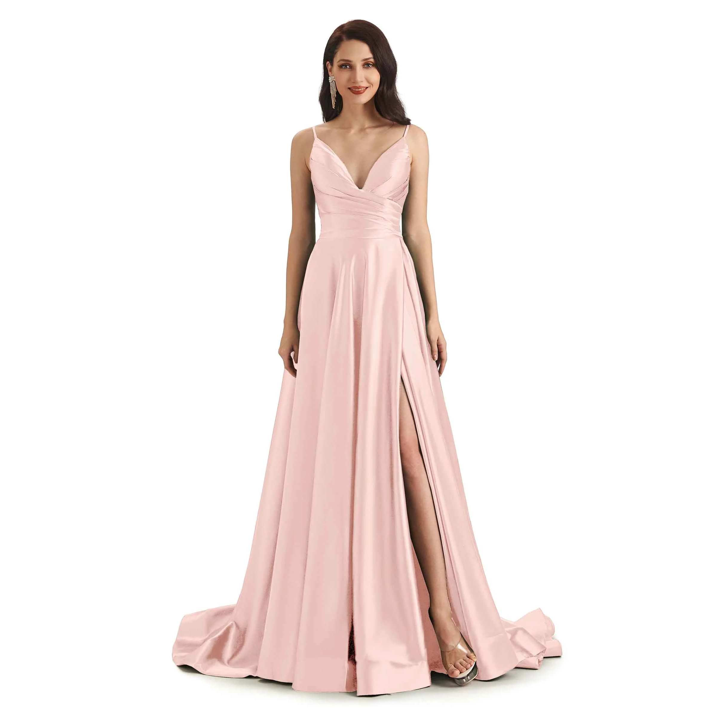 Sexy Soft Satin Side Slit Spaghetti Straps Long Bridesmaid Dresses Online - Blushing-pink