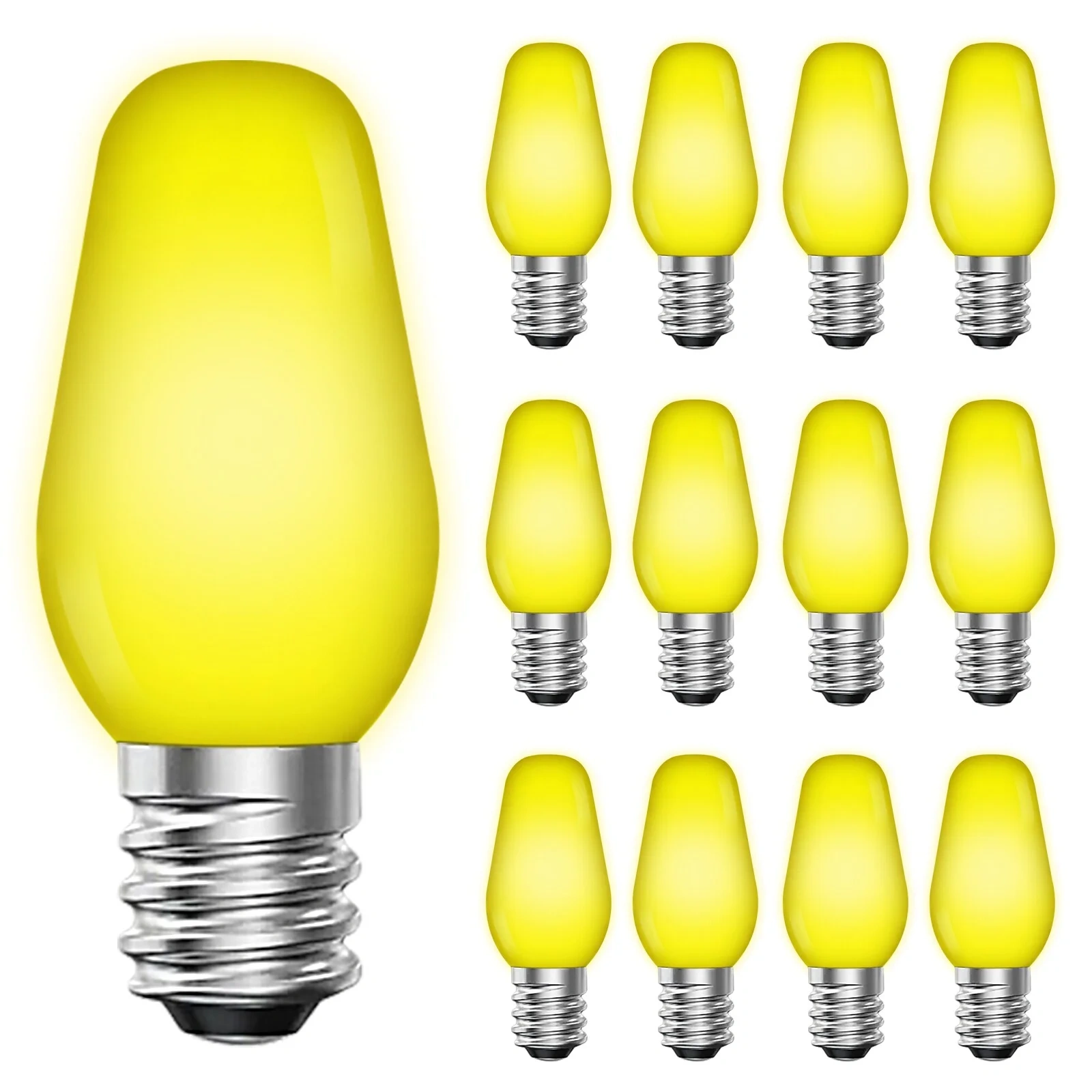 Luxrite C7 Led Yellow Replacement Light Bulbs, String Lights, 0.5w, Shatterproof Colored Candelabra Bulb, Enclosed Fixture Rated E12 Base 12 Pack