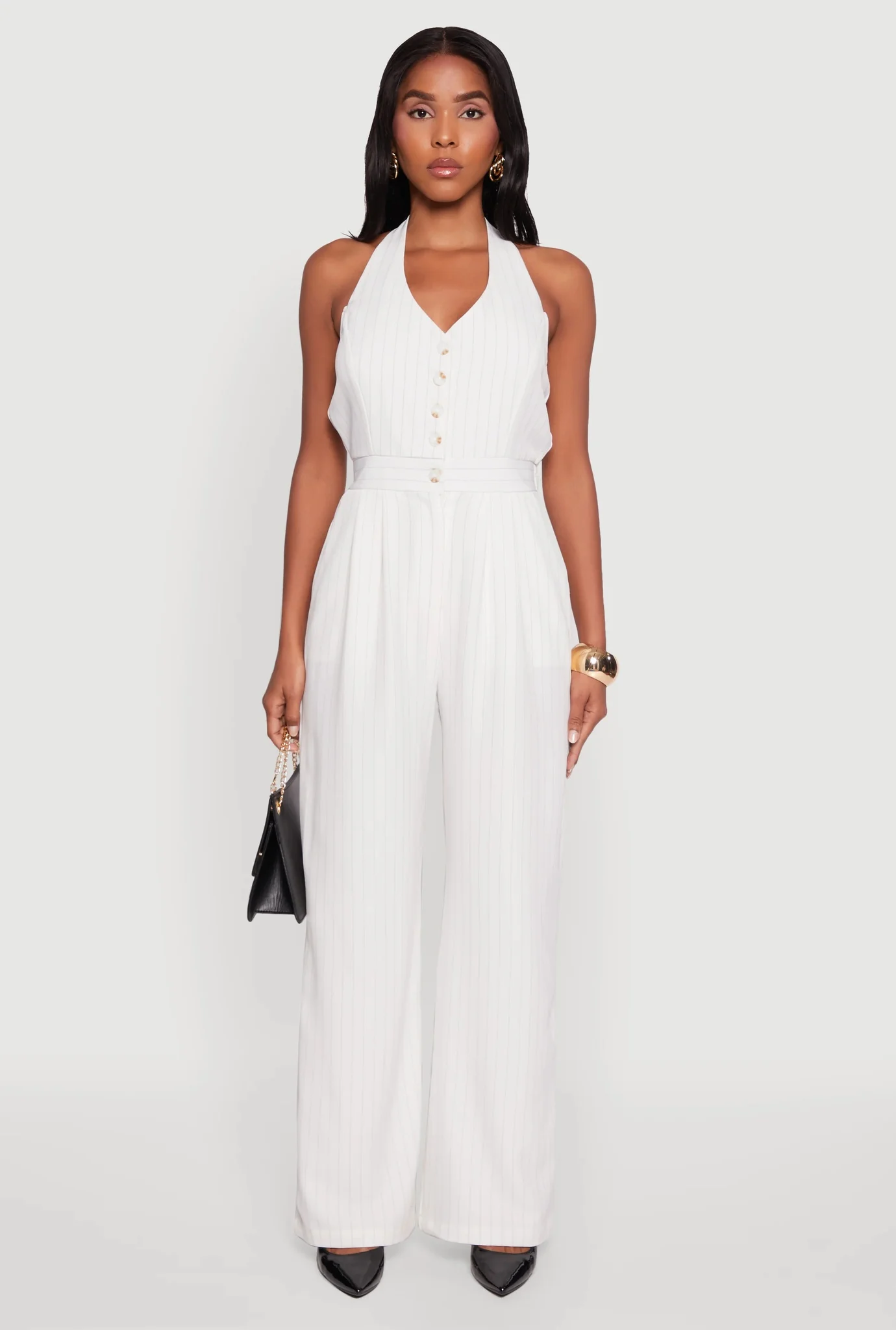 Pinstripe Button Front Halter Jumpsuit - Baby Blue