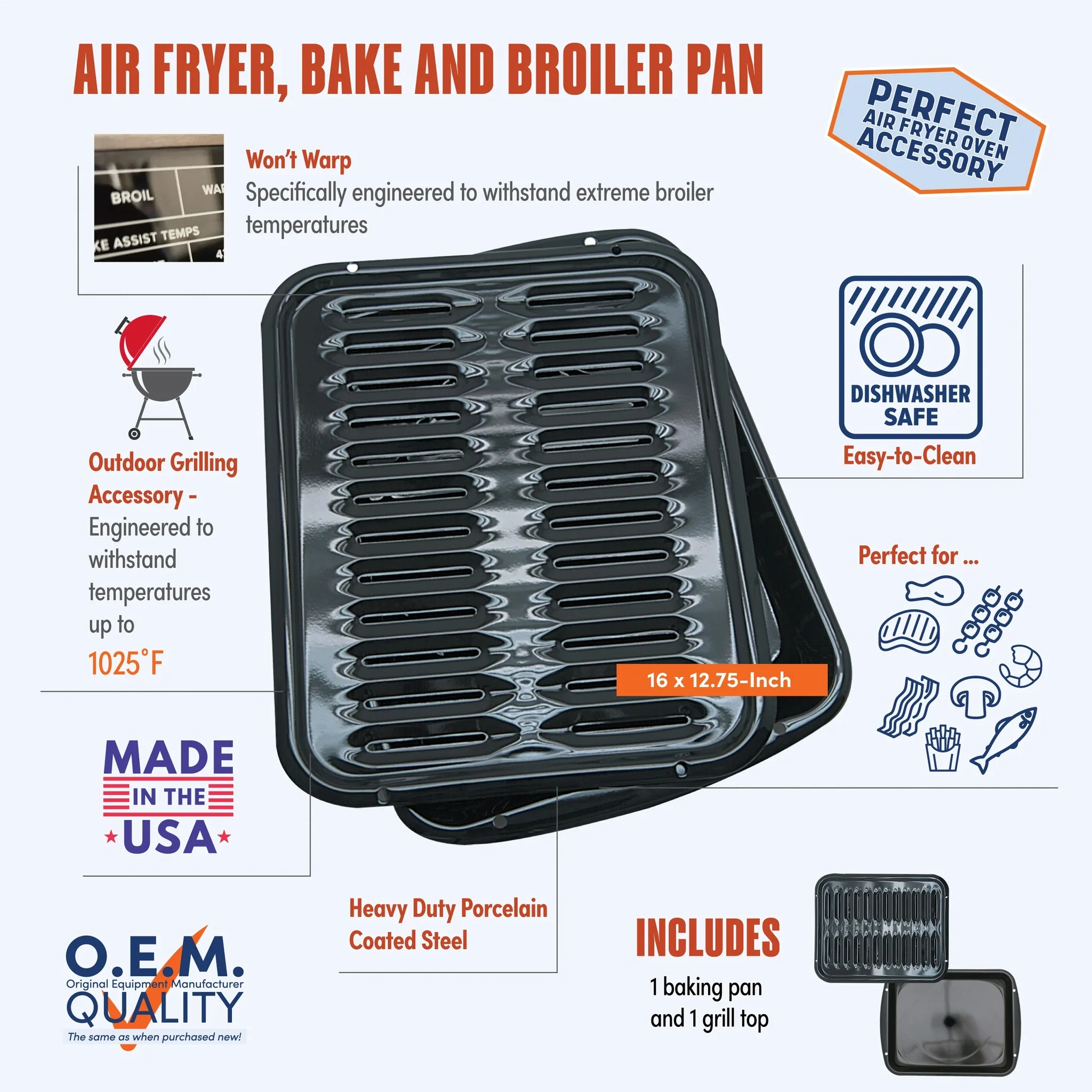 Air Fry, Bake And Broiler Pan - Heavy Duty Porcelain - 2-piece 16 X 12.75-inch-black