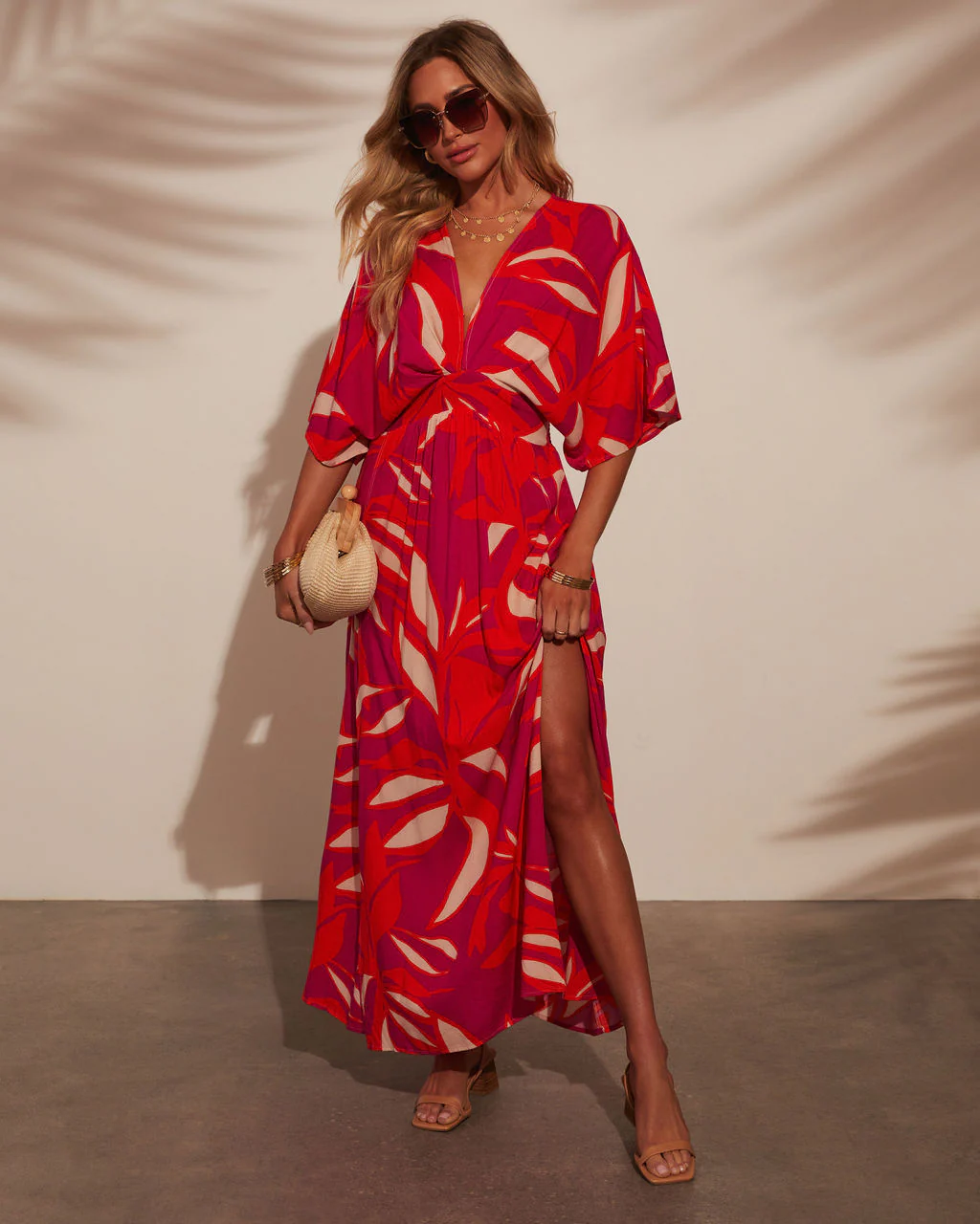 Erin Printed Kimono Sleeve Maxi Dress - Fuchsia Multi