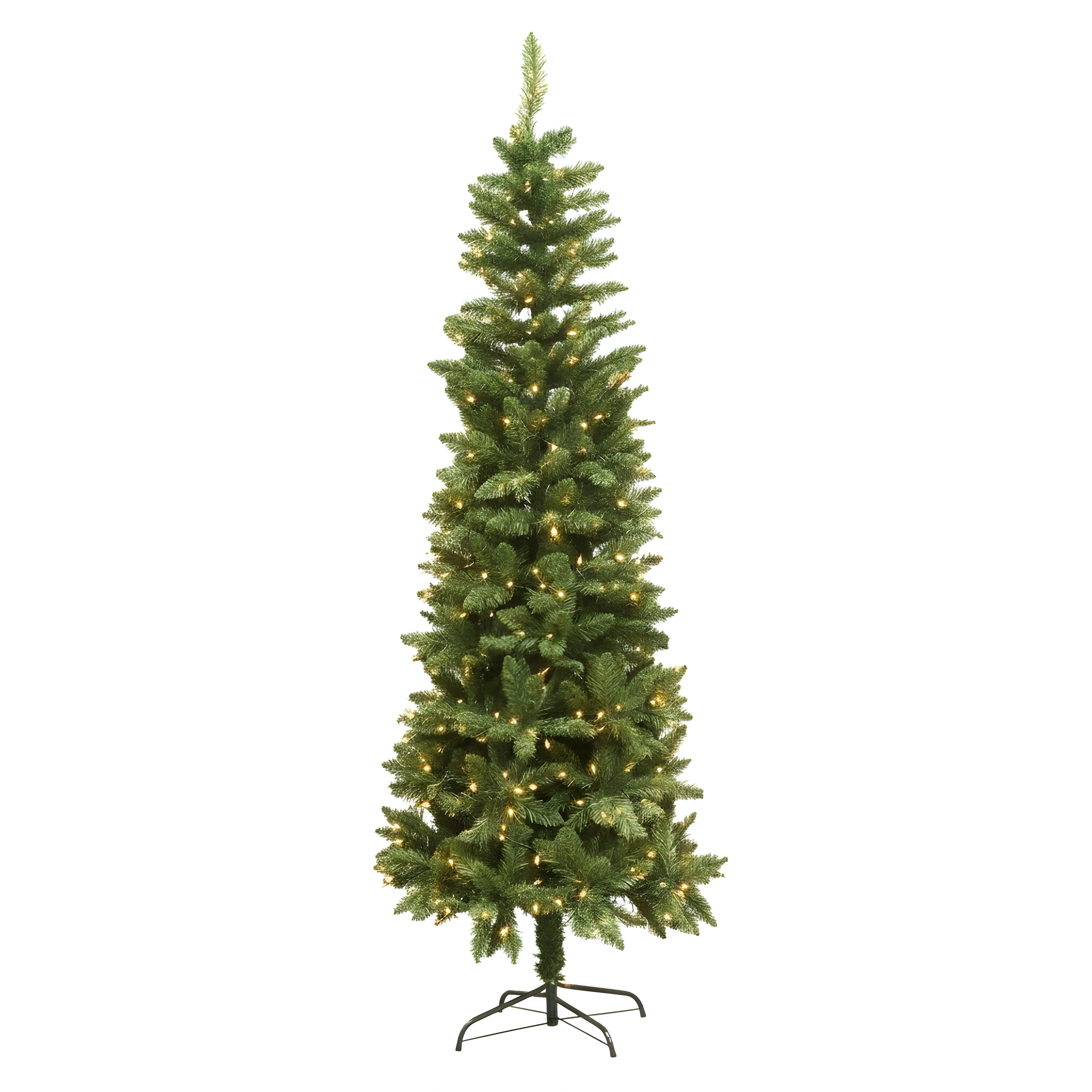 6ft Pre-lit Warm White Led Green Christmas Slim Pine Narrow Tree With Metal Stand