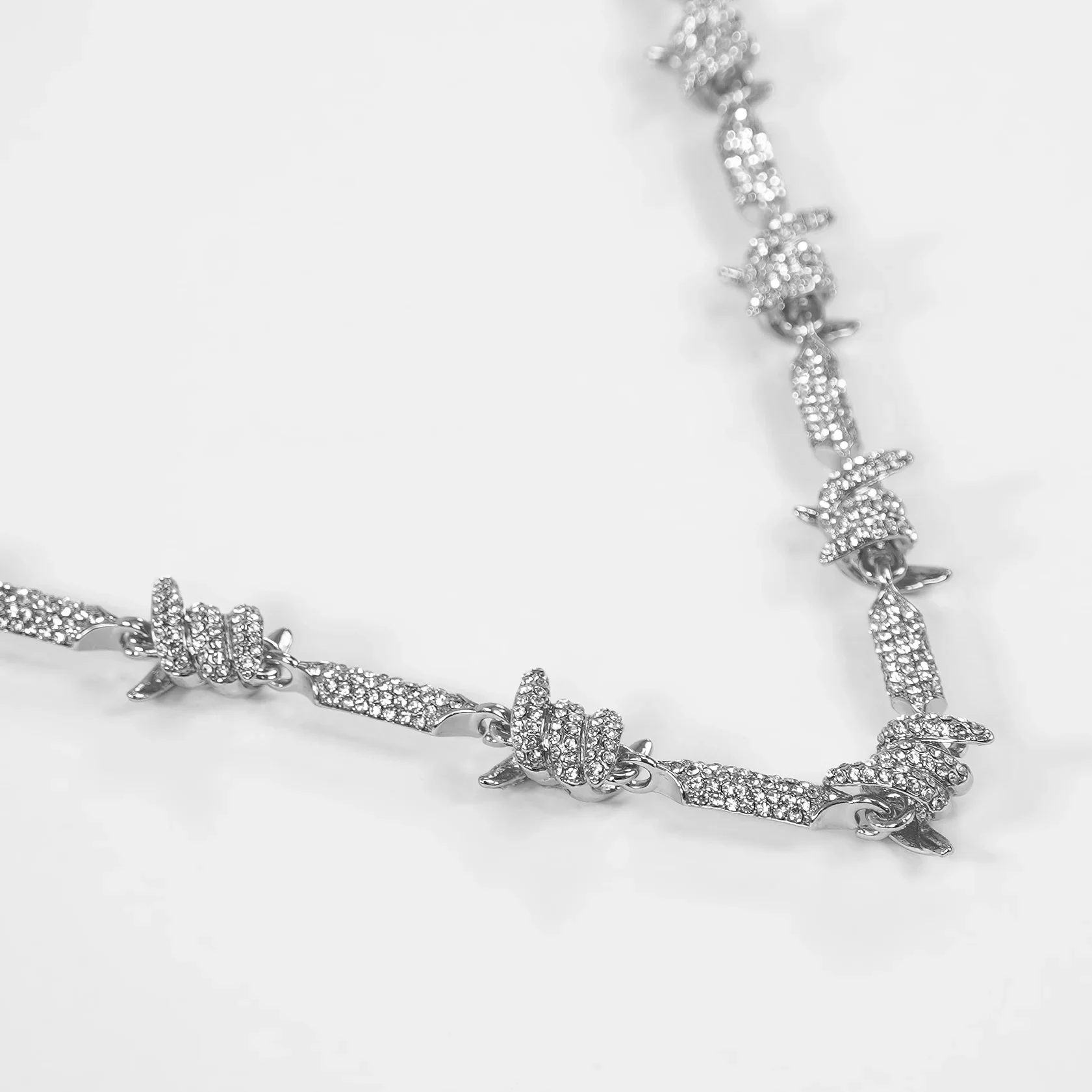 Iced Out Silver Barbed Wire Chain Necklace (18 Inches)