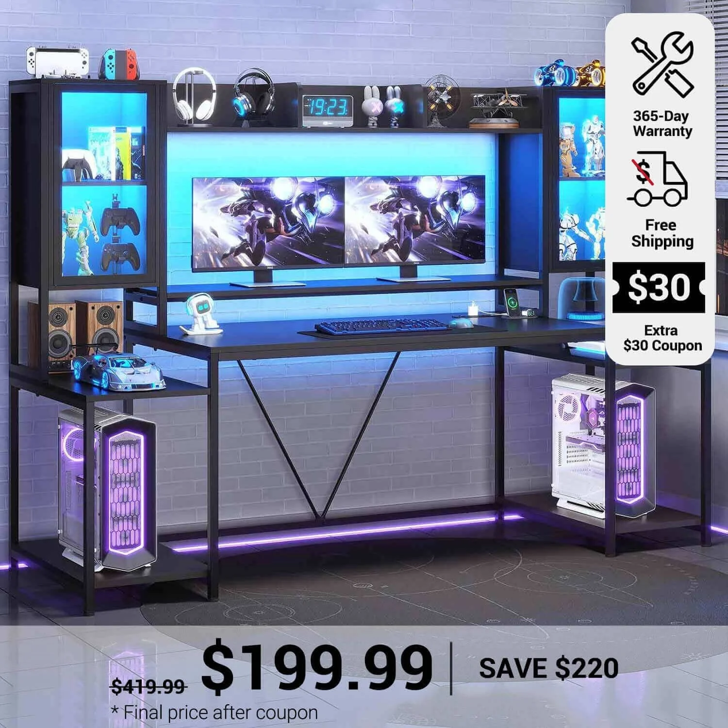Sedeta 74.8 Inch Gaming Desk With Led Lights Hutch And Storage Shelves - Black