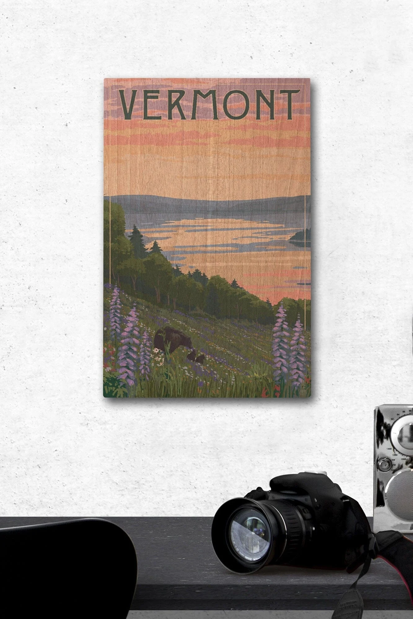 Vermont, Lake & Bear Family, Lantern Press Artwork, Wood Signs And Postcards - 12 X 18 Wood Gallery Print