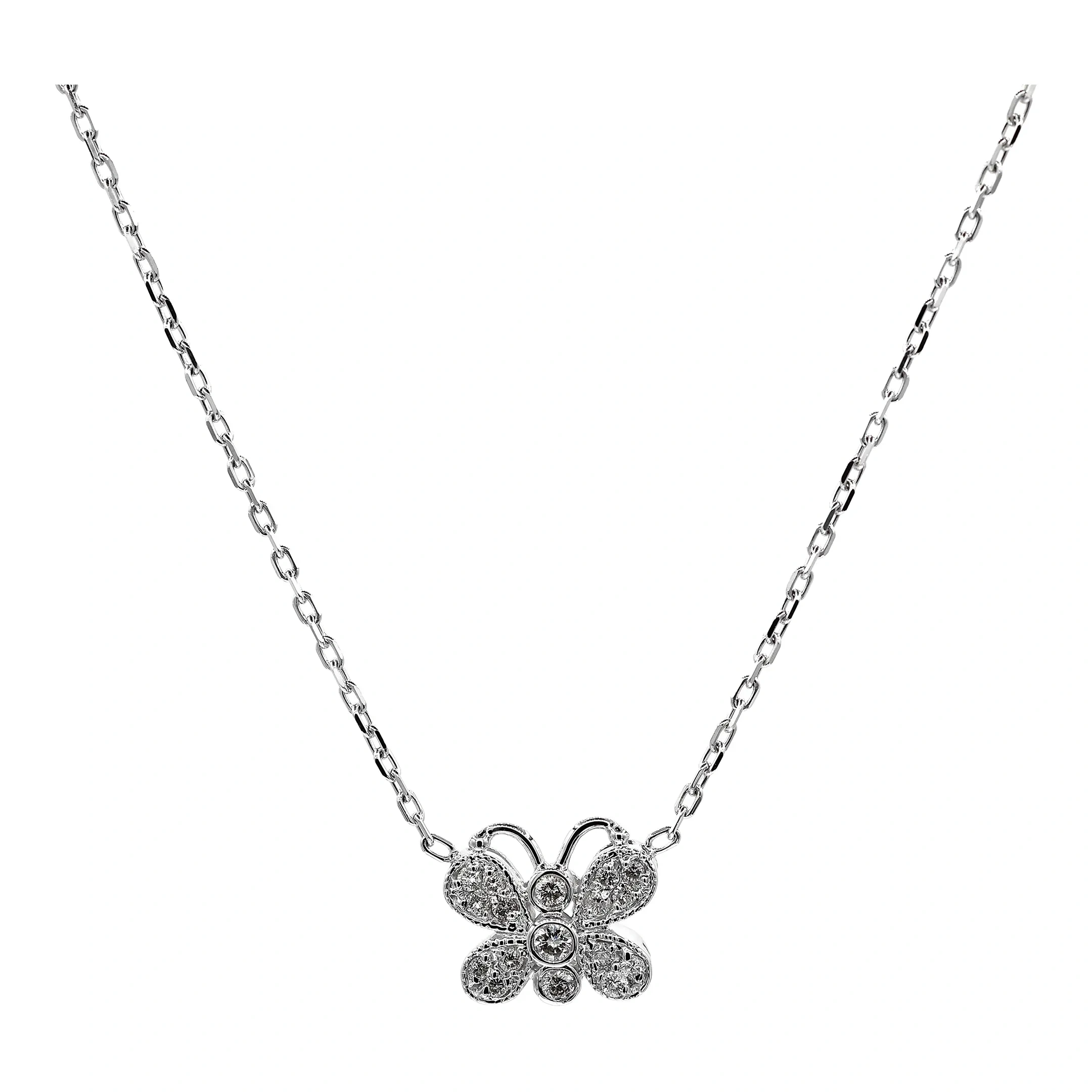 14k(585) White Gold Natural Diamond Butterfly Pendant Necklace With Chain