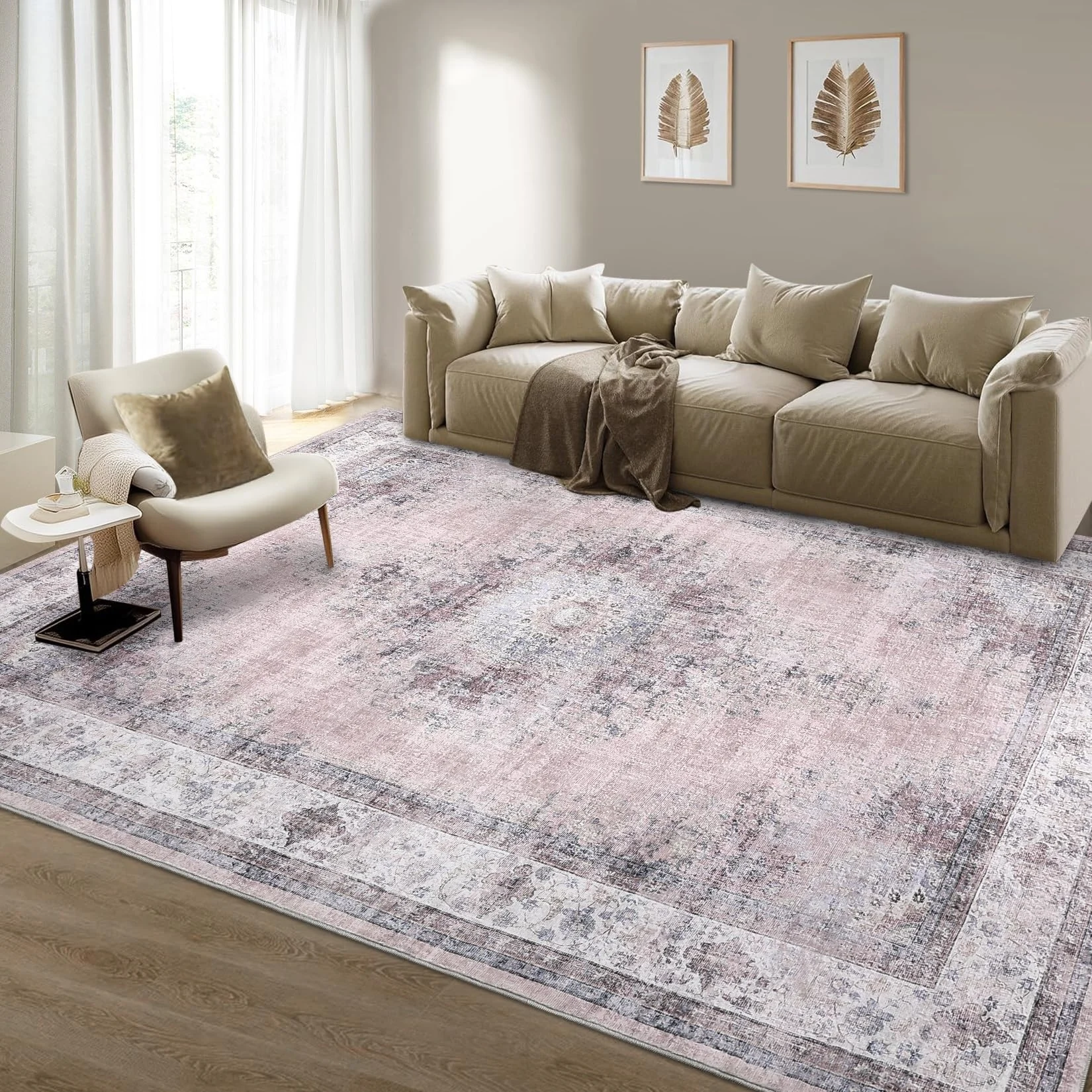 Garvee Bedroom Area Rug 5x7 Vintage Distressed Living Room Area Rug Non Slip Low Pile Large Dining Room Rug Soft Medallion Throw Floor Carpet Machine Washable Rugs For Home Office, Blush