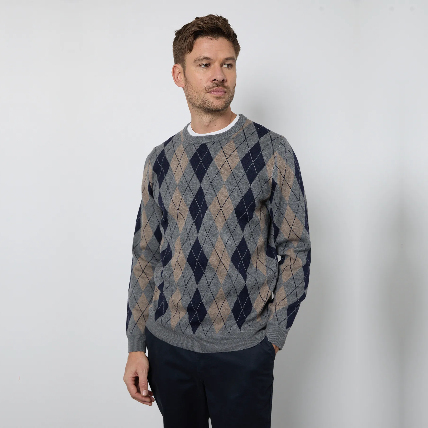 Dark Grey Argyle Crew Neck Jumper
