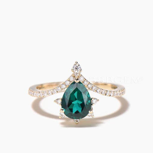 1.25ct Teardrop Cut Emerald Curved Engagement Ring Diamond V Curved Bridal Set - 18k Yellow Gold/1pc Main Ring+diamond