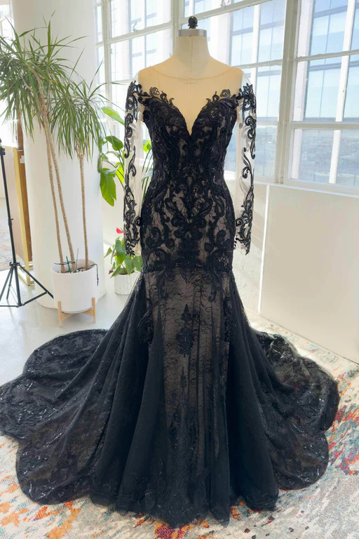 Trumpet-mermaid Chapel Train Lace Tulle Wedding Dress Cw3009 - As Picture:black/medium Nude/us12-uk14-eur42